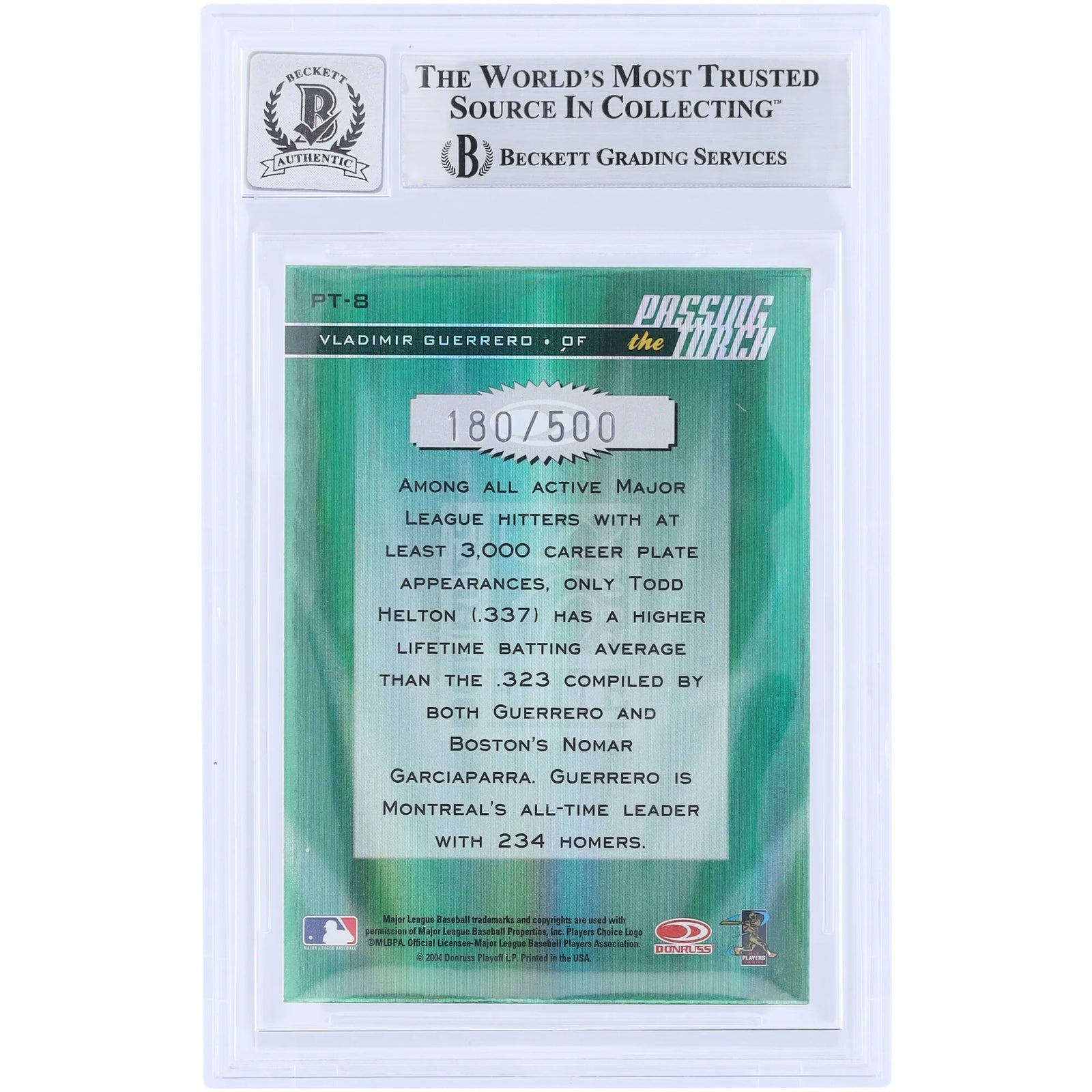 Vladimir Guerrero Signed 2004 Donruss Elite Passing the Torch Green Card | #PT-8 #/500