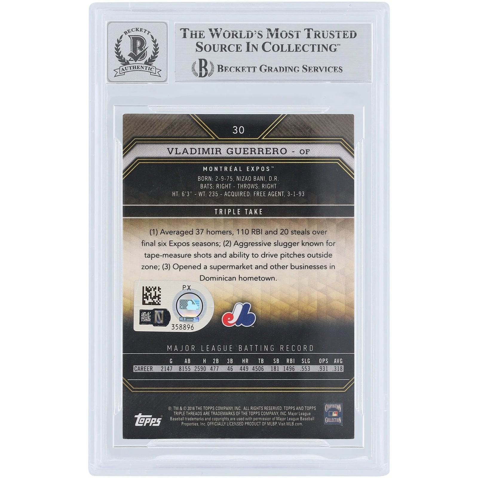 Vladimir Guerrero Signed 2016 Topps Triple Threads Emerald #30 Card | Graded 10