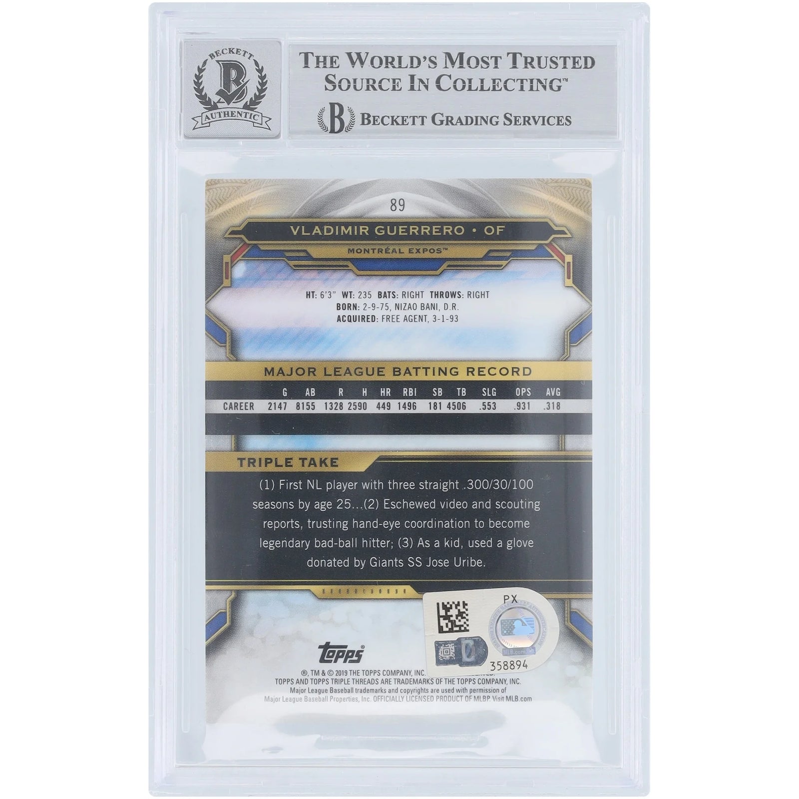 Vladimir Guerrero Signed 2019 Topps Triple Threads Amber #89 Card | Graded 10