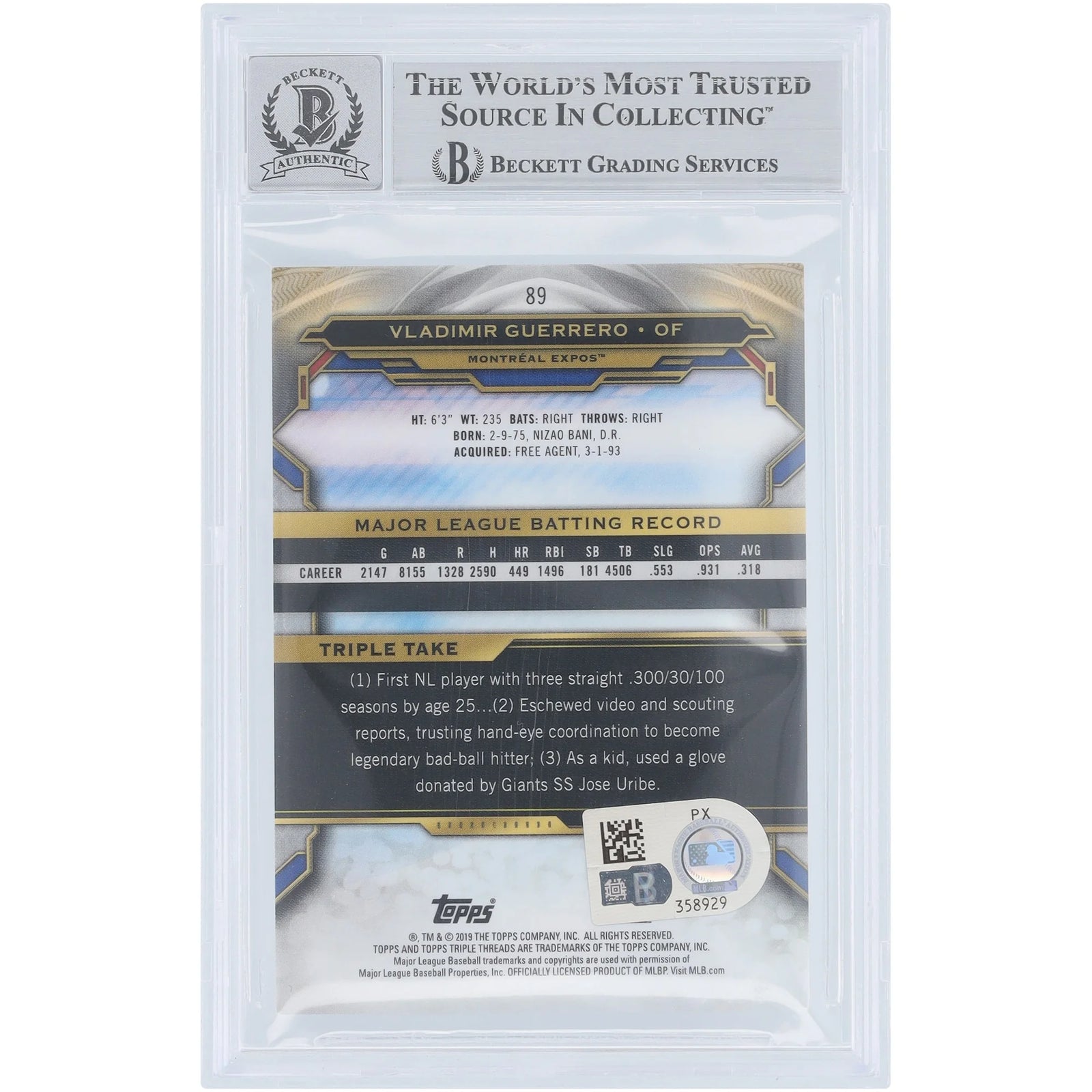 Vladimir Guerrero Signed 2019 Topps Triple Threads Amethyst #89 | Montreal Expos