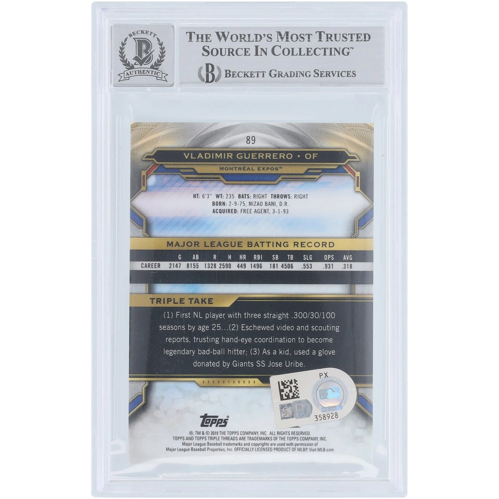 Vladimir Guerrero Signed 2019 Topps Triple Threads Amethyst #89 | Montreal Expos
