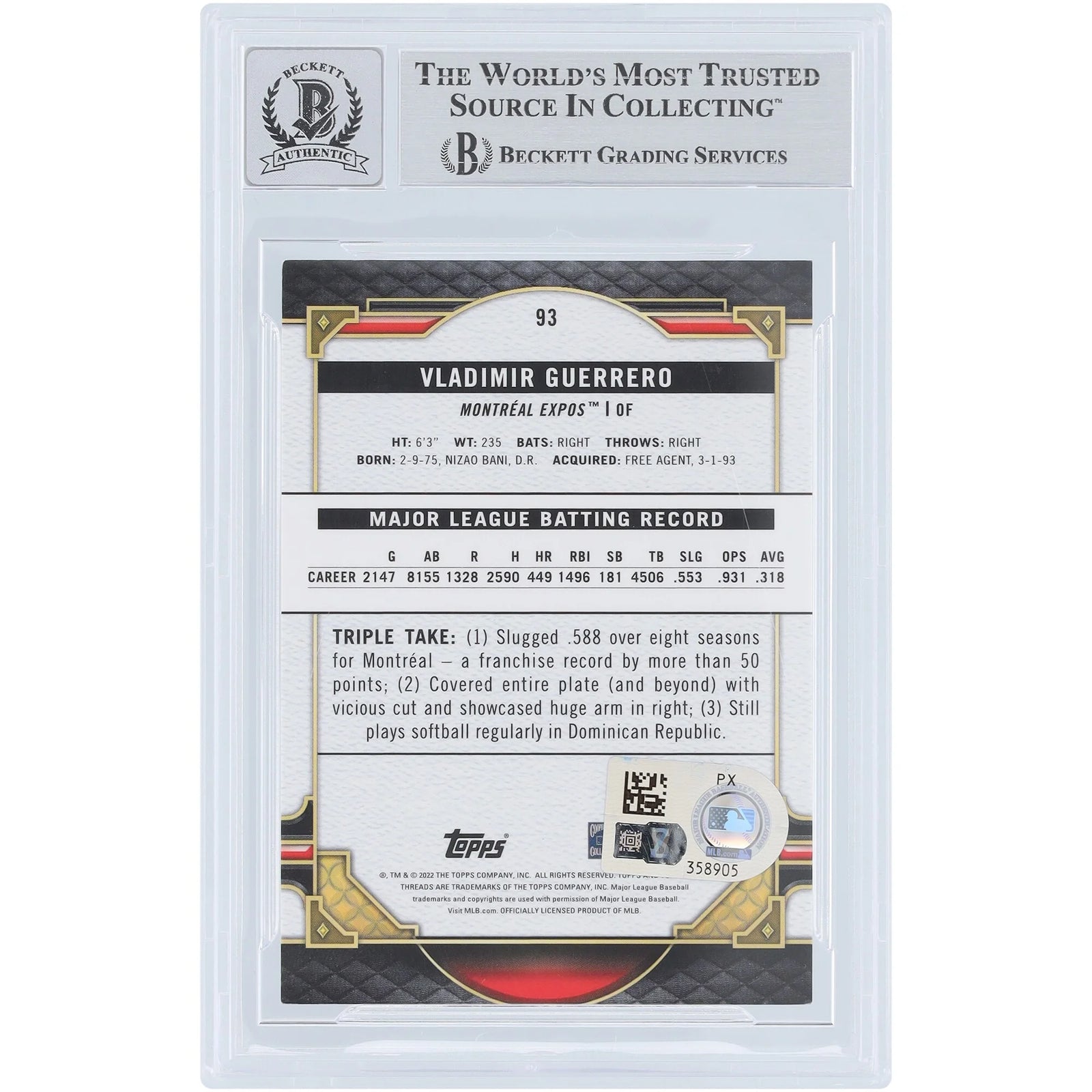 Vladimir Guerrero Signed 2022 Topps Triple Threads Emerald #93 | Graded 10