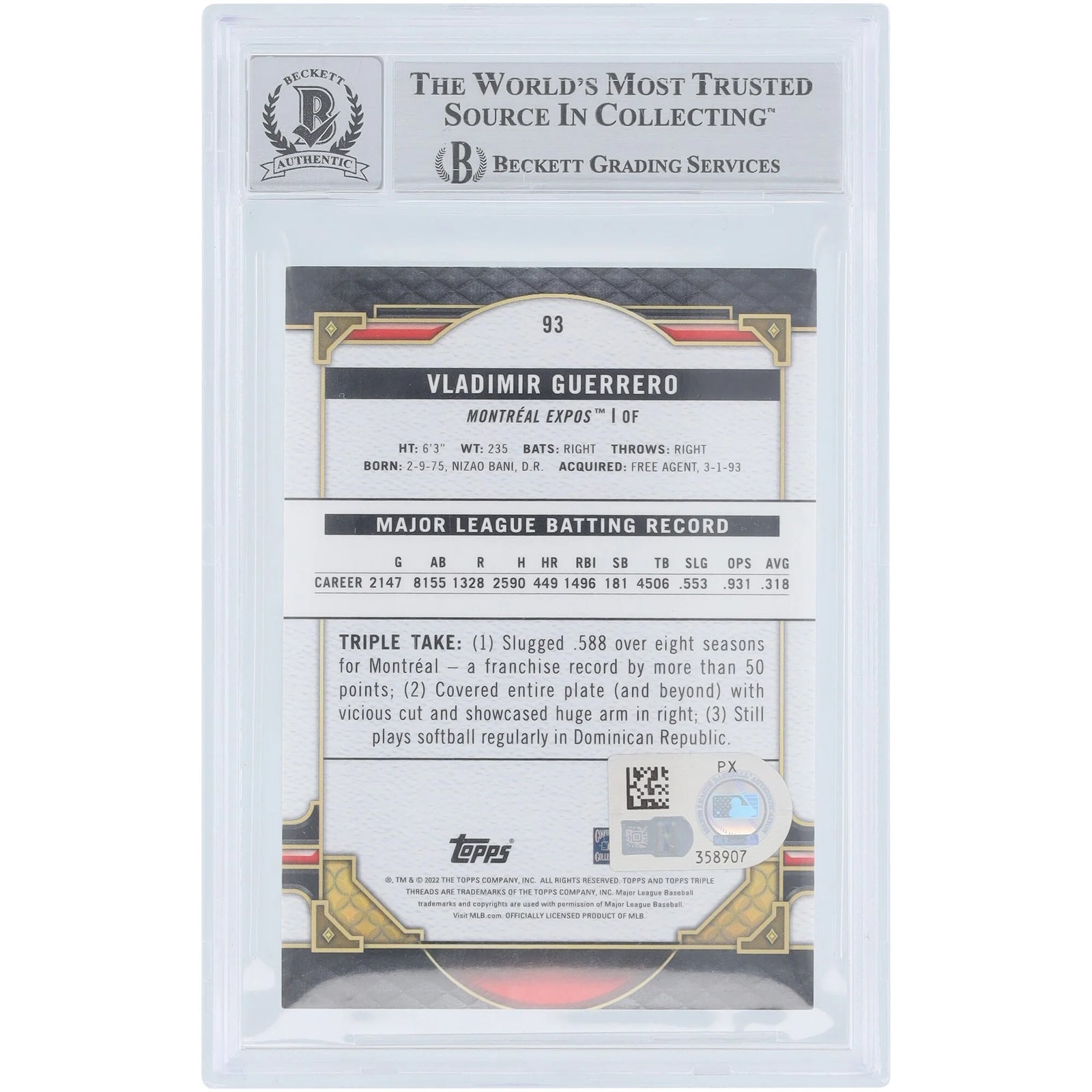 Vladimir Guerrero Signed 2022 Topps Triple Threads Emerald #93 Card | Beckett Authenticate