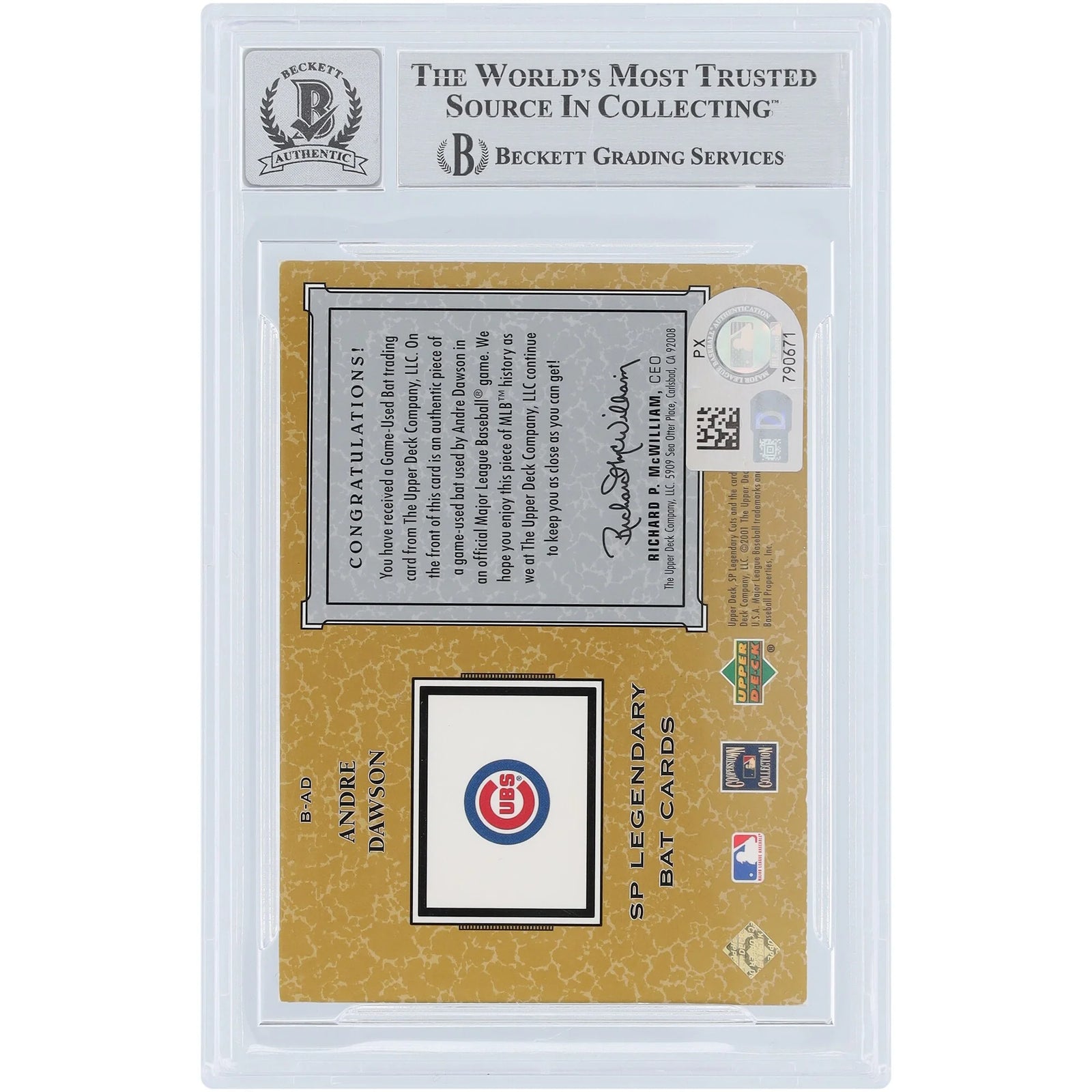 Andre Dawson Signed 2001 Upper Deck SP Legendary Cuts Bat Relic Card | Grade 10