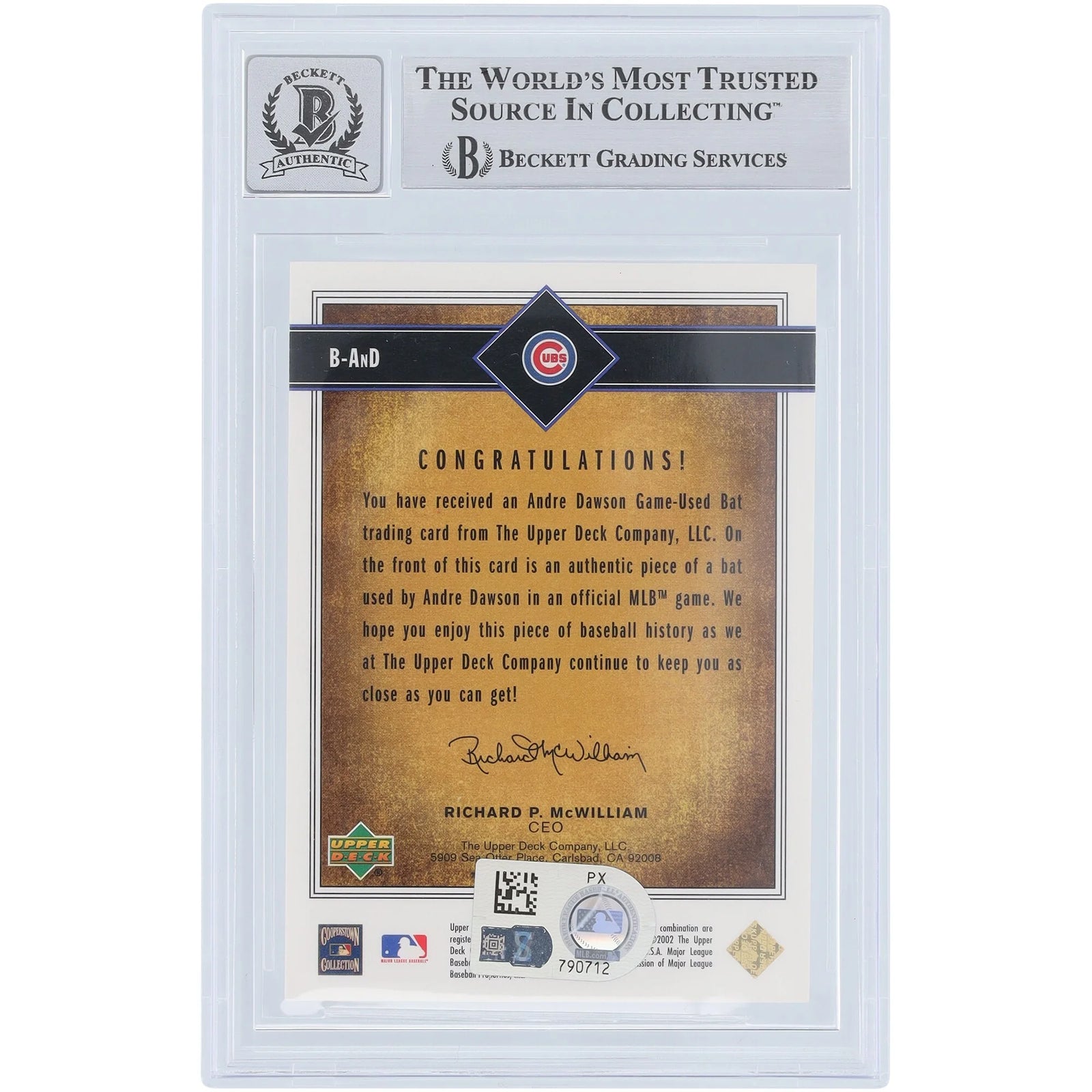 Andre Dawson Signed 2002 Upper Deck SP Legendary Cuts Game Bat Relic Card | Graded 9