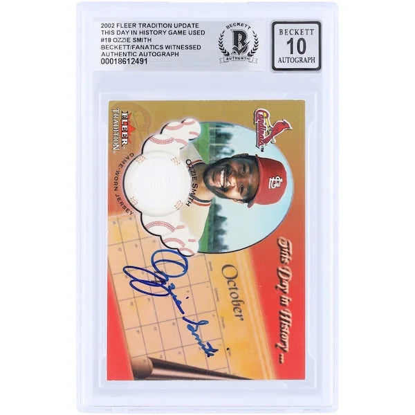 Ozzie Smith Signed 2002 Fleer Tradition This Day in History Relic Card | Graded 10