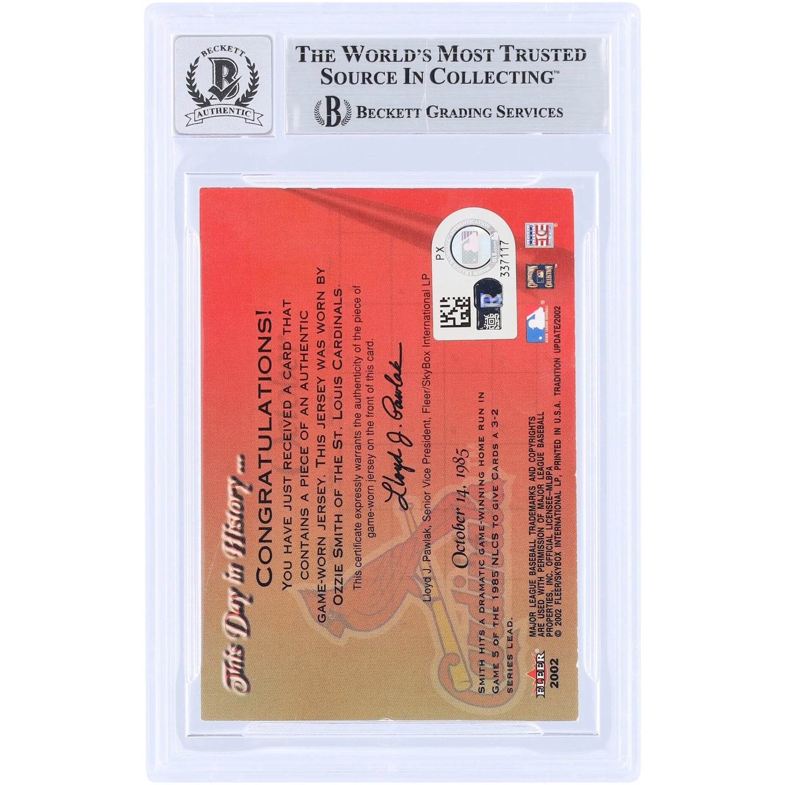 Ozzie Smith Signed 2002 Fleer Tradition This Day in History Relic Card | Graded 10