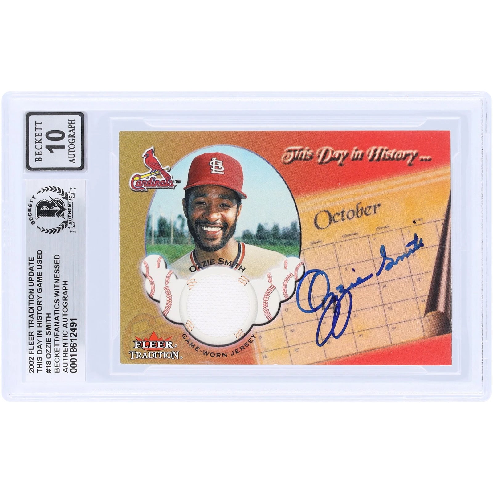Ozzie Smith Signed 2002 Fleer Tradition This Day in History Relic Card | Graded 10