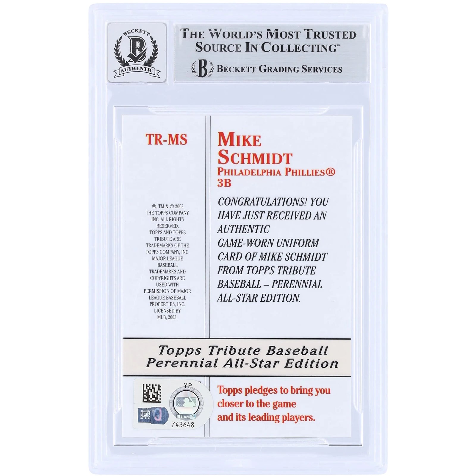 Mike Schmidt Signed 2003 Topps Tribute Perennial All-Star Relic Card | Beckett 10