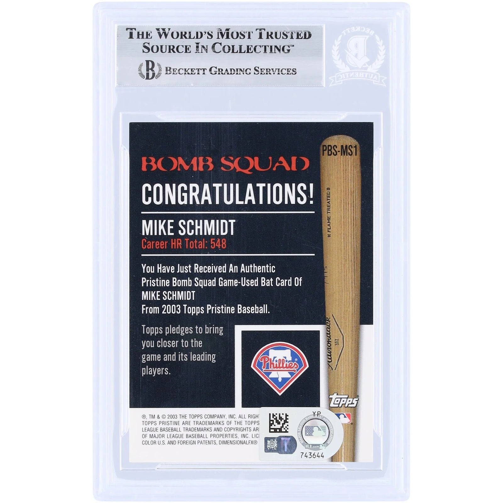 Mike Schmidt Signed 2003 Topps Pristine Bomb Squad Relic Card | Beckett Authenticated