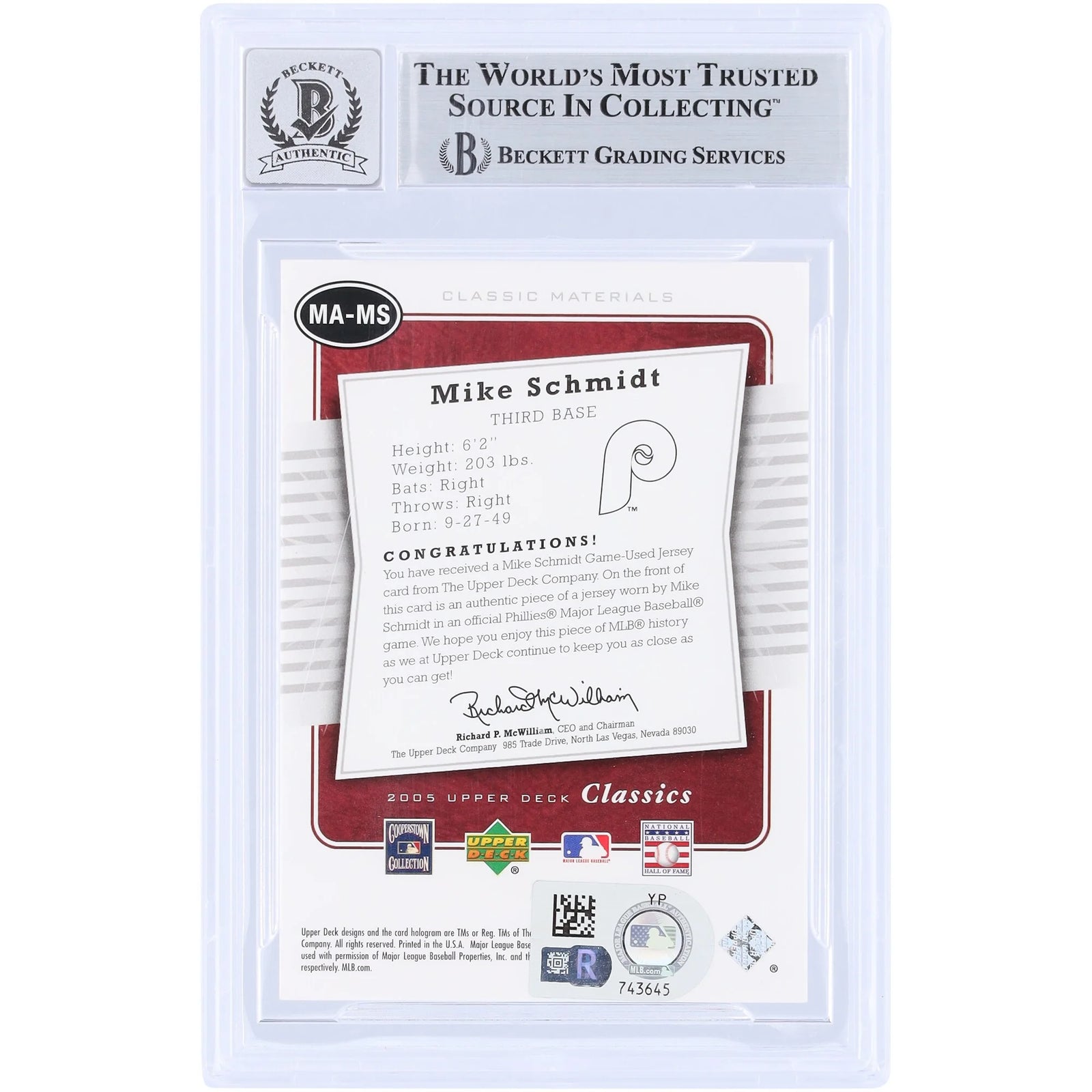 Mike Schmidt Signed 2005 Upper Deck Classics Card | Beckett Graded 10