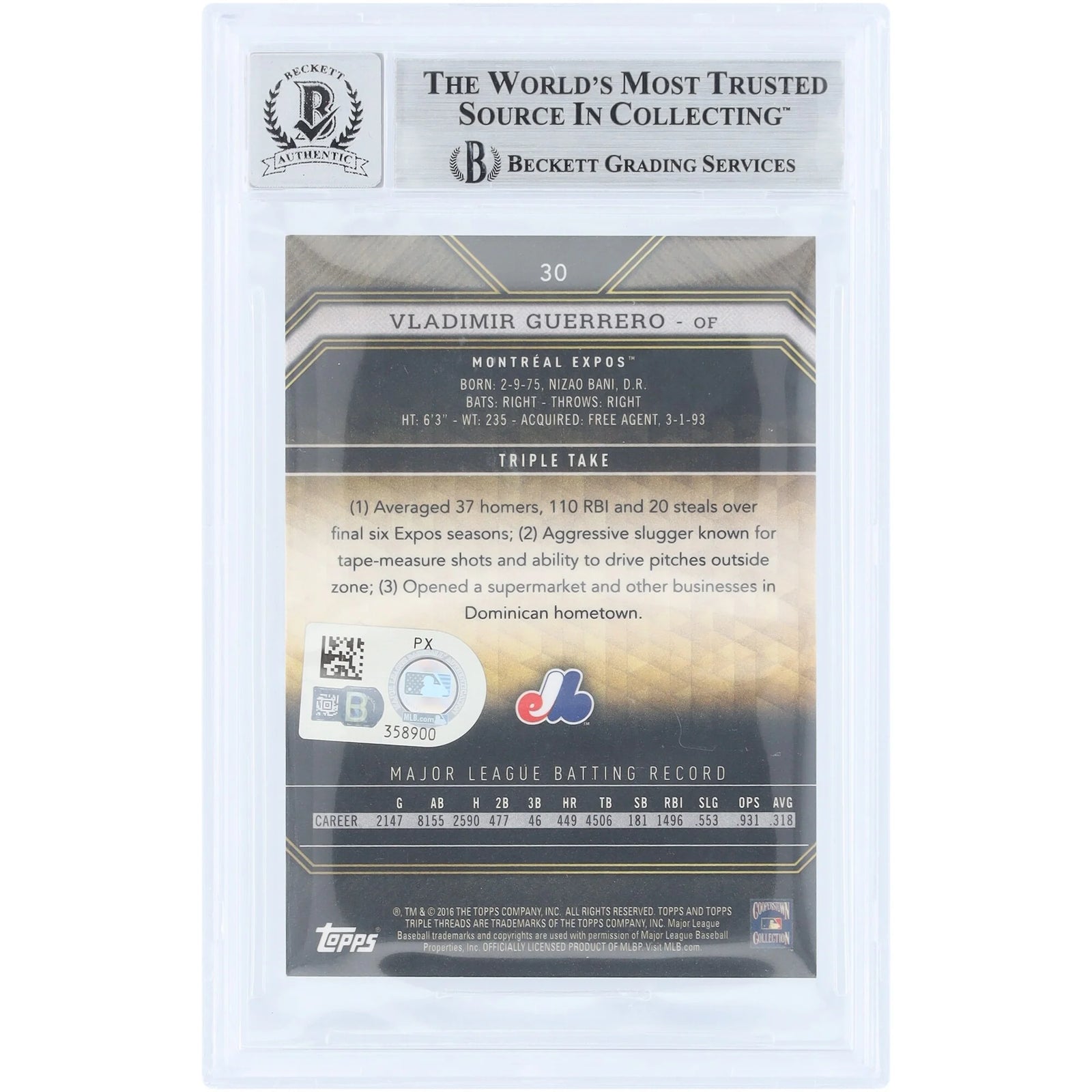 Vladimir Guerrero Signed 2016 Topps Triple Threads Amethyst #30 Card | Beckett Authenticat