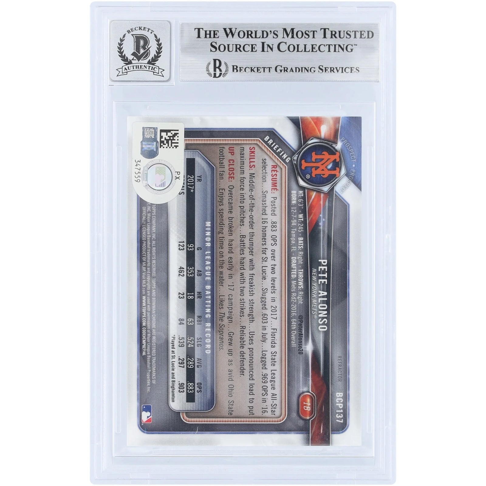 Pete Alonso Signed 2018 Bowman Chrome Prospects Refractor #BCP137 | Graded 9