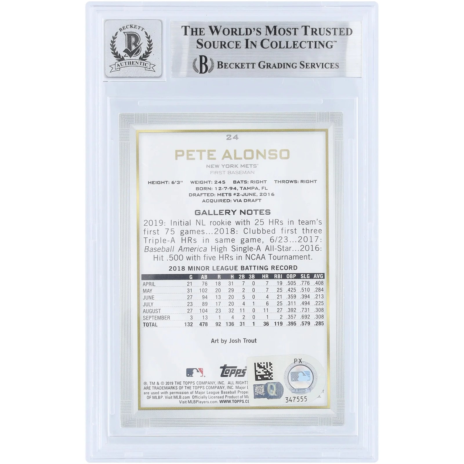 Pete Alonso Signed 2019 Topps Gallery #24 Rookie Card | Beckett 10
