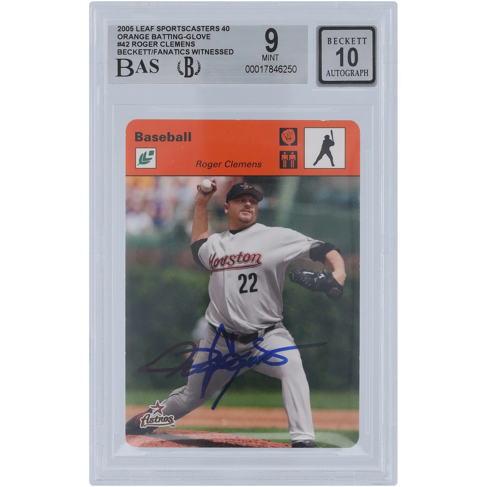 Roger Clemens Signed 2005 Leaf Sportscasters Orange Batting Glove Card | Astros #42 #/40