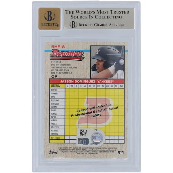 Jasson Dominguez Signed 2020 Bowman Prospects Heritage #BHP-8 Card | Graded 9.5