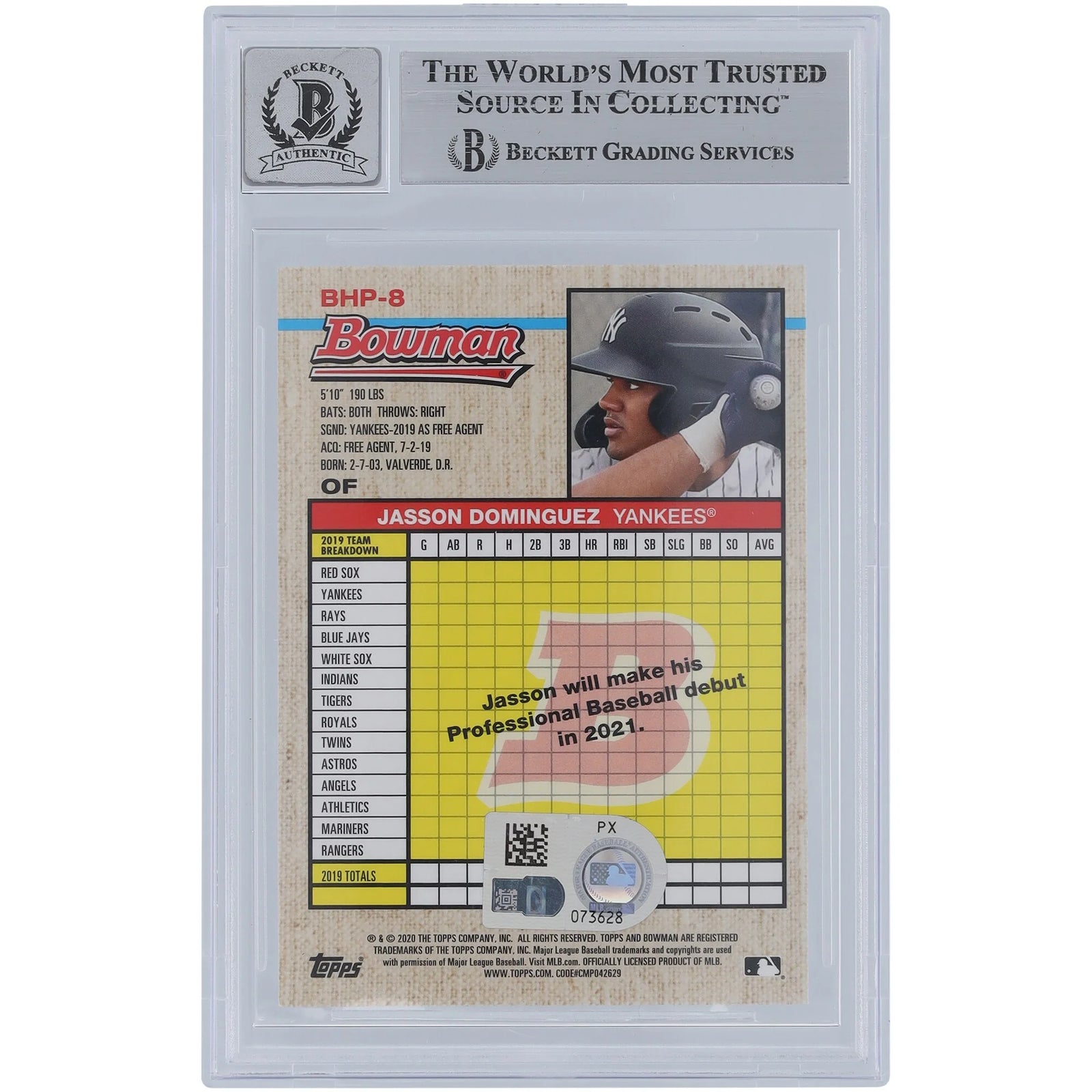Jasson Dominguez Signed 2020 Bowman Prospects Heritage Card | Graded 9