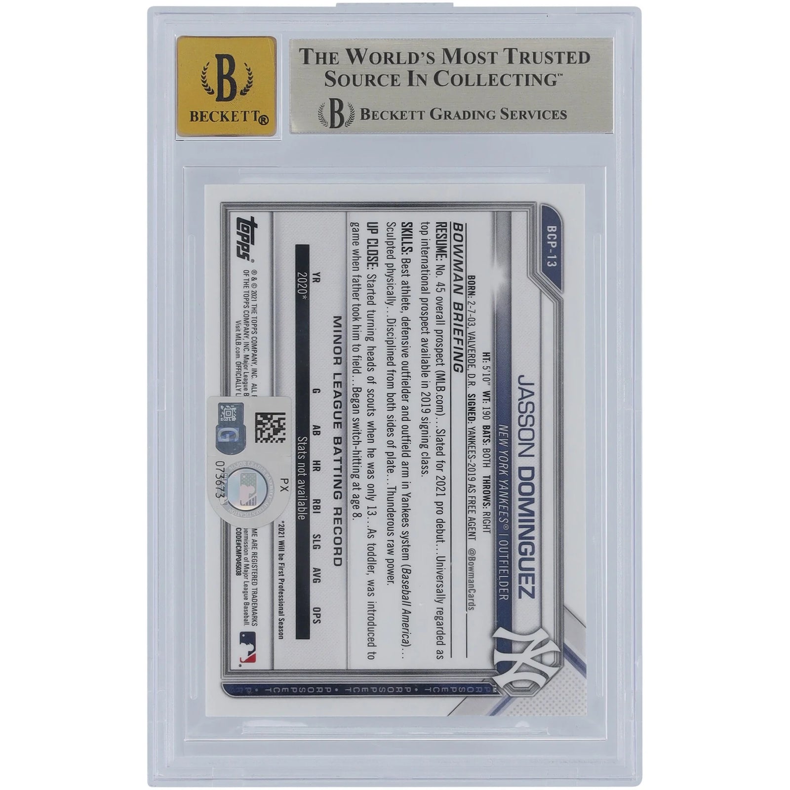 Jasson Dominguez Signed 2021 Bowman Chrome Sapphire #BCP-13 | Graded 9.5