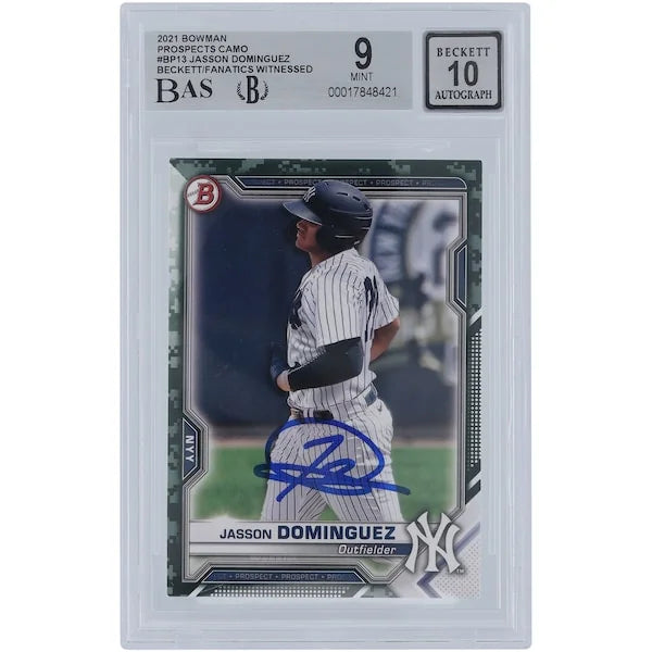 Jasson Dominguez Signed 2021 Bowman Prospects Camo #BP-13 | Graded 9