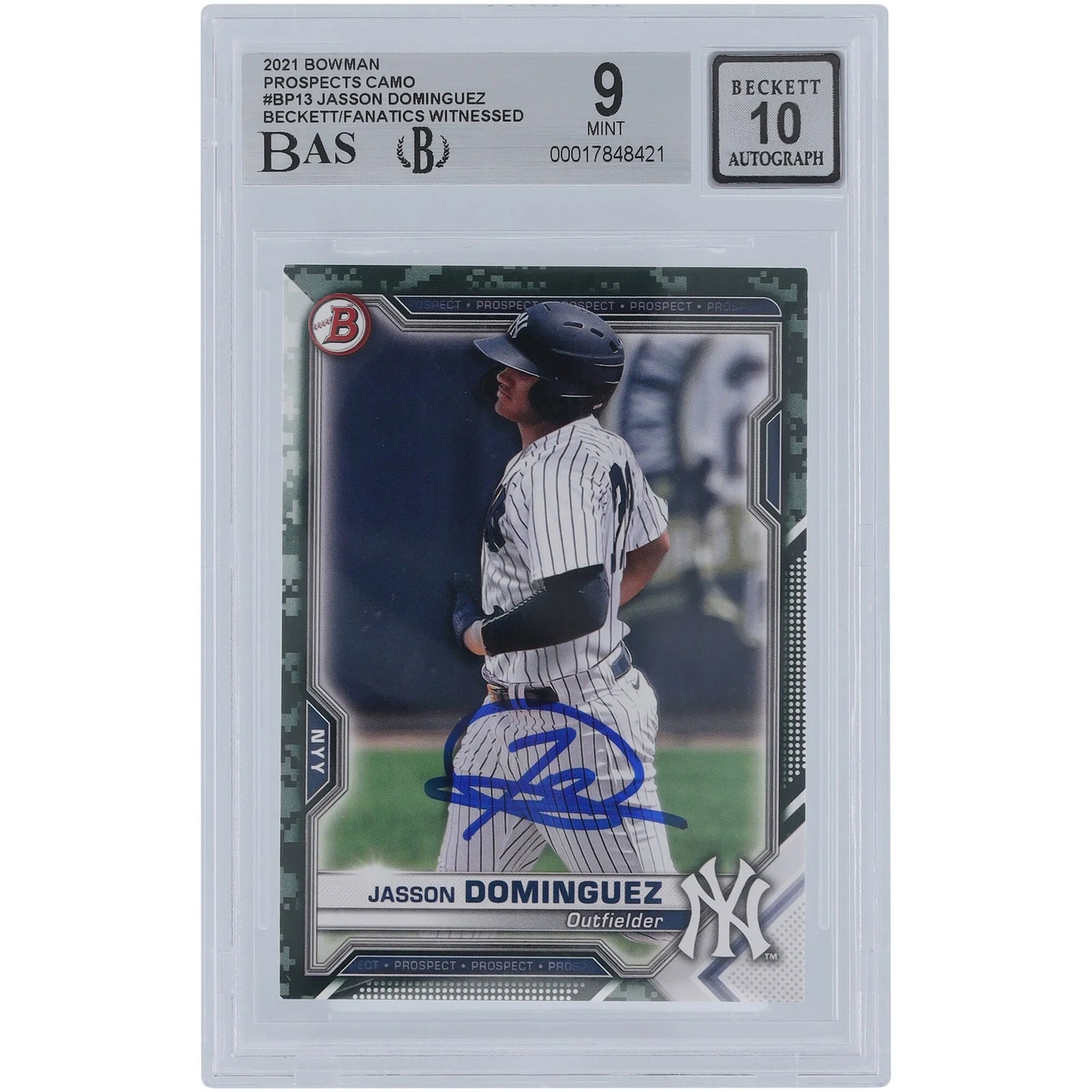 Jasson Dominguez Signed 2021 Bowman Prospects Camo #BP-13 | Graded 9