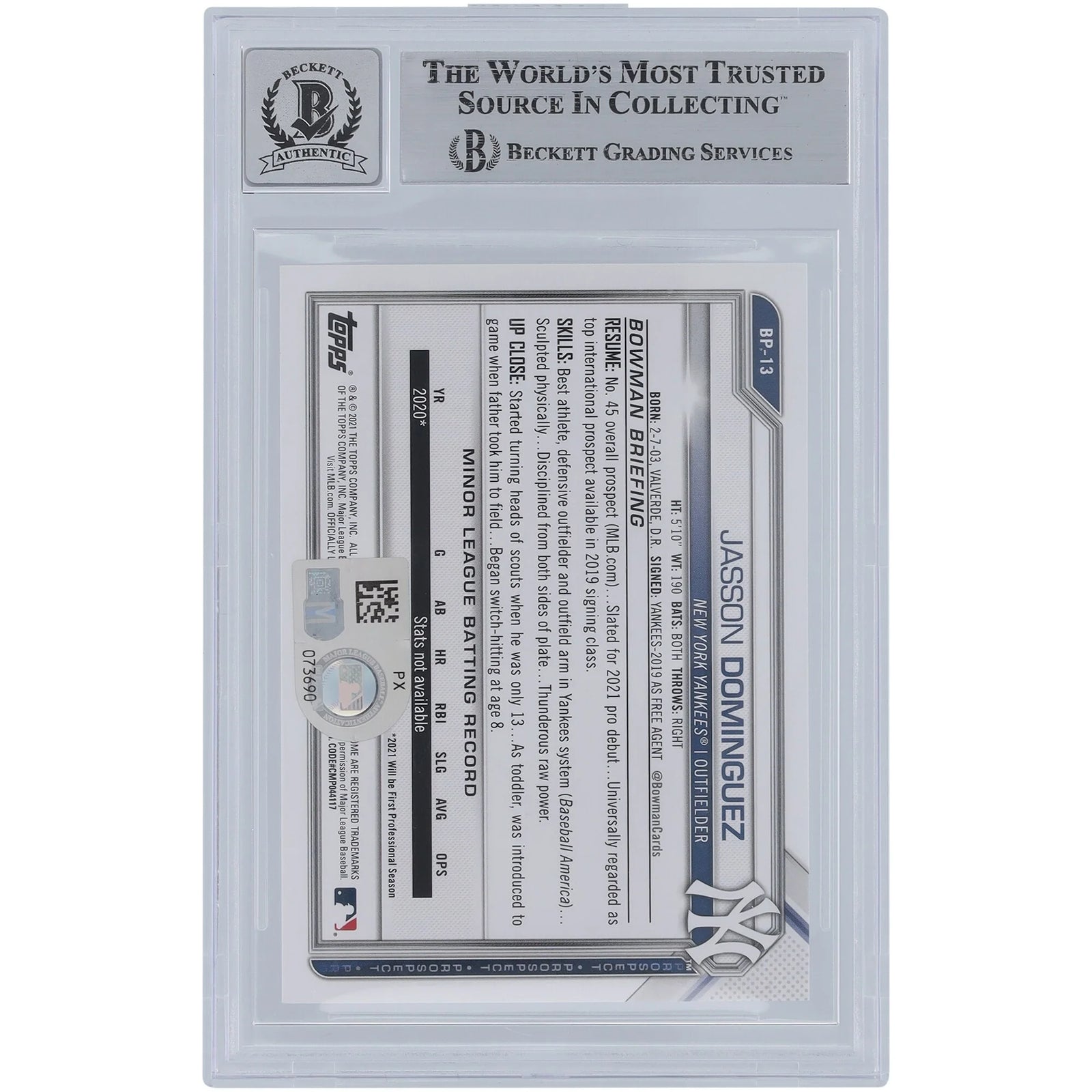 Jasson Dominguez Signed 2021 Bowman Prospects Camo #BP-13 | Graded 9