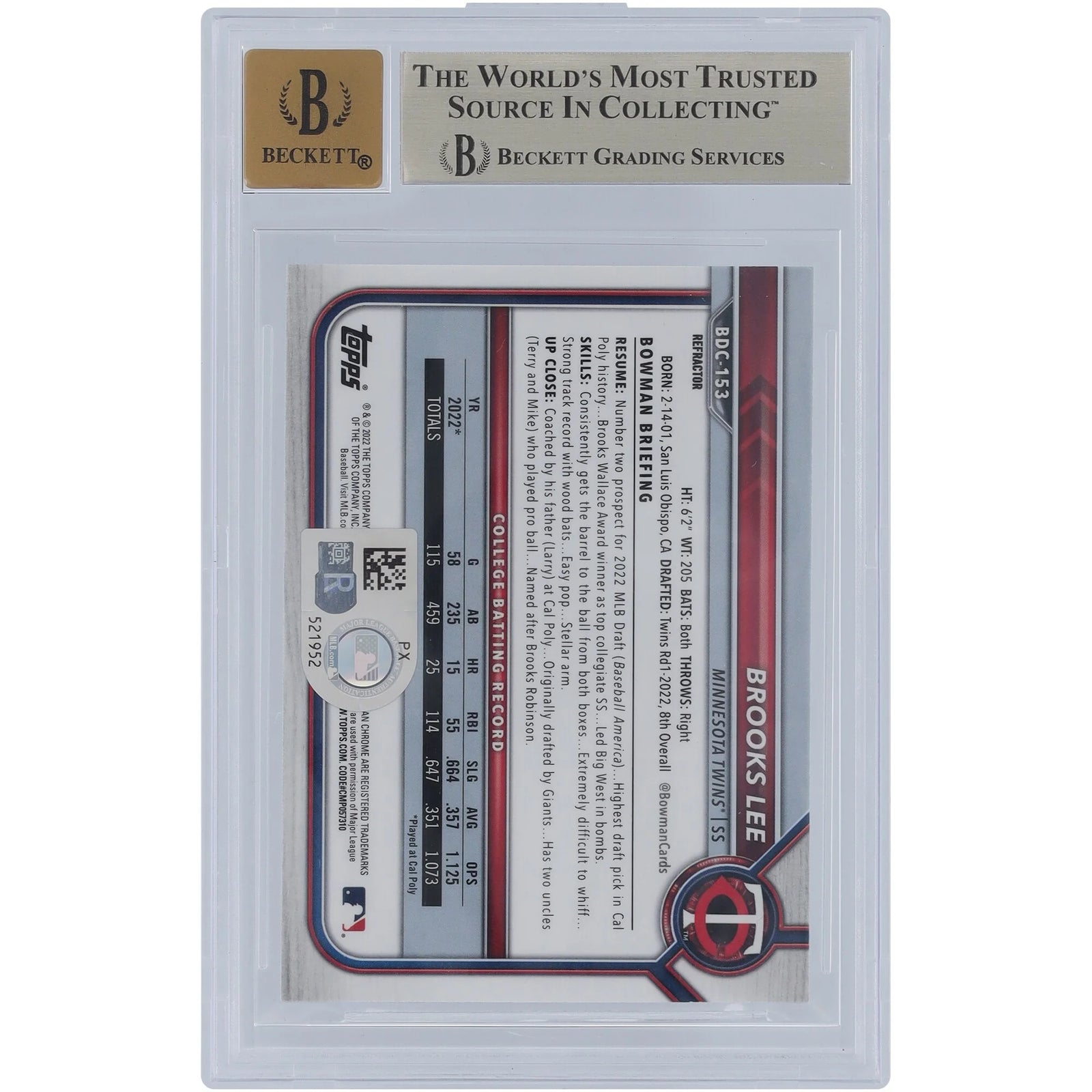 Brooks Lee Signed 2022 Bowman Chrome Draft Refractor #BDC-153 | BGS 9.5