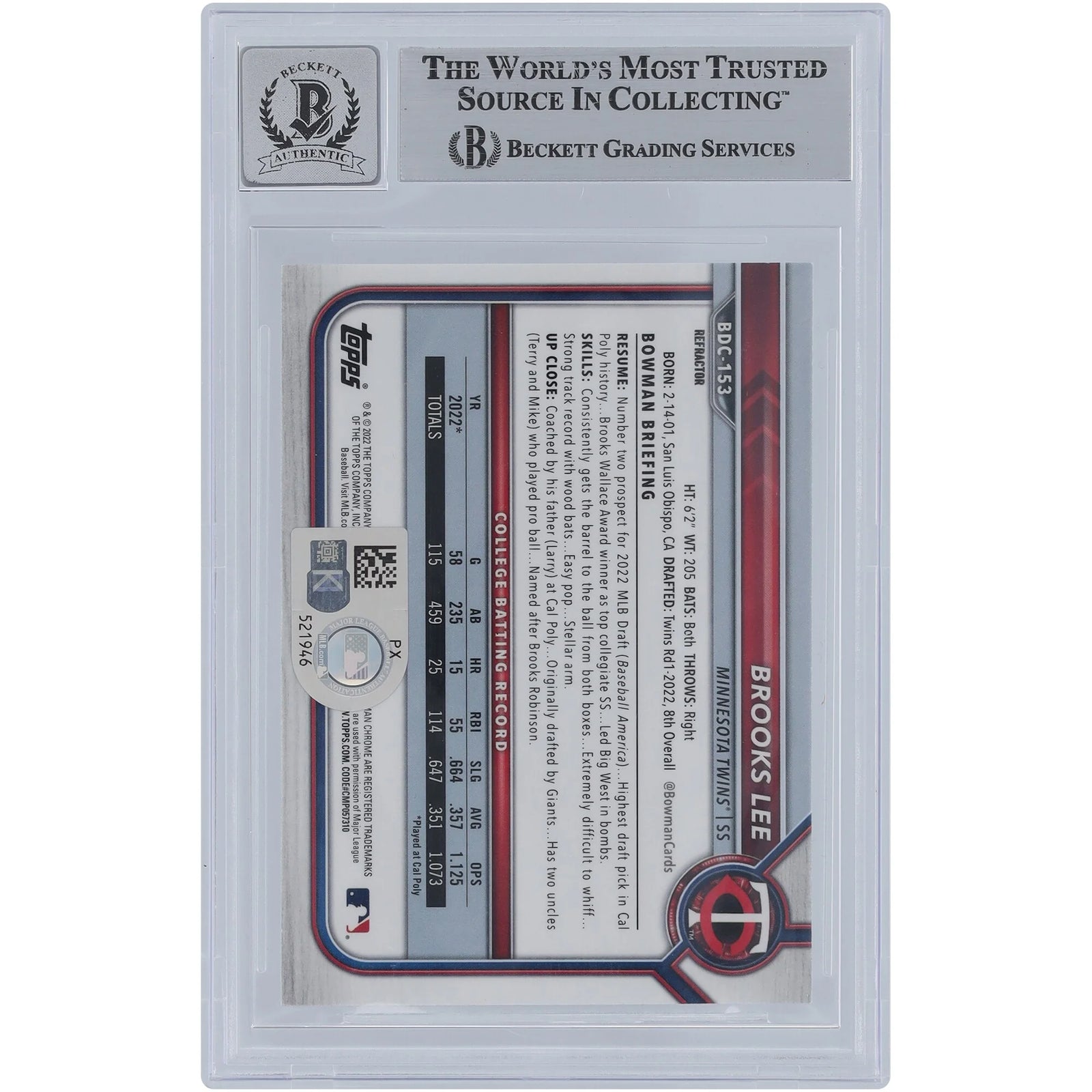 Brooks Lee Signed 2022 Bowman Chrome Draft Refractor #BDC-153 | Graded 9