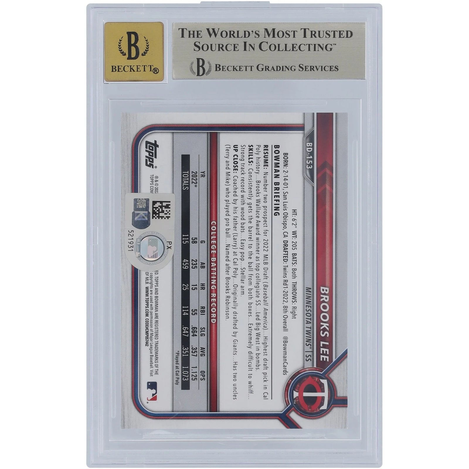 Brooks Lee Signed 2022 Bowman Draft 1st Edition Card | BGS 9.5