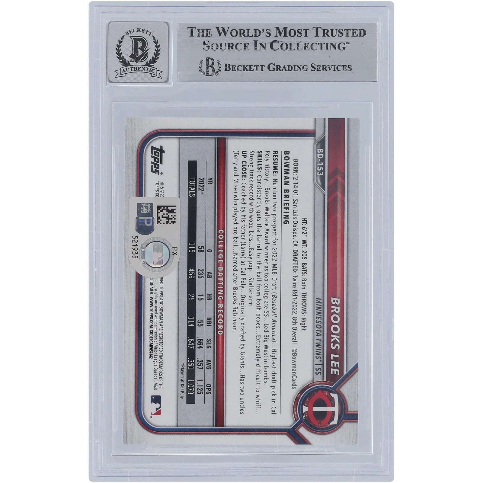 Brooks Lee Signed 2022 Bowman Draft 1st Edition #BD-153 | Graded 9