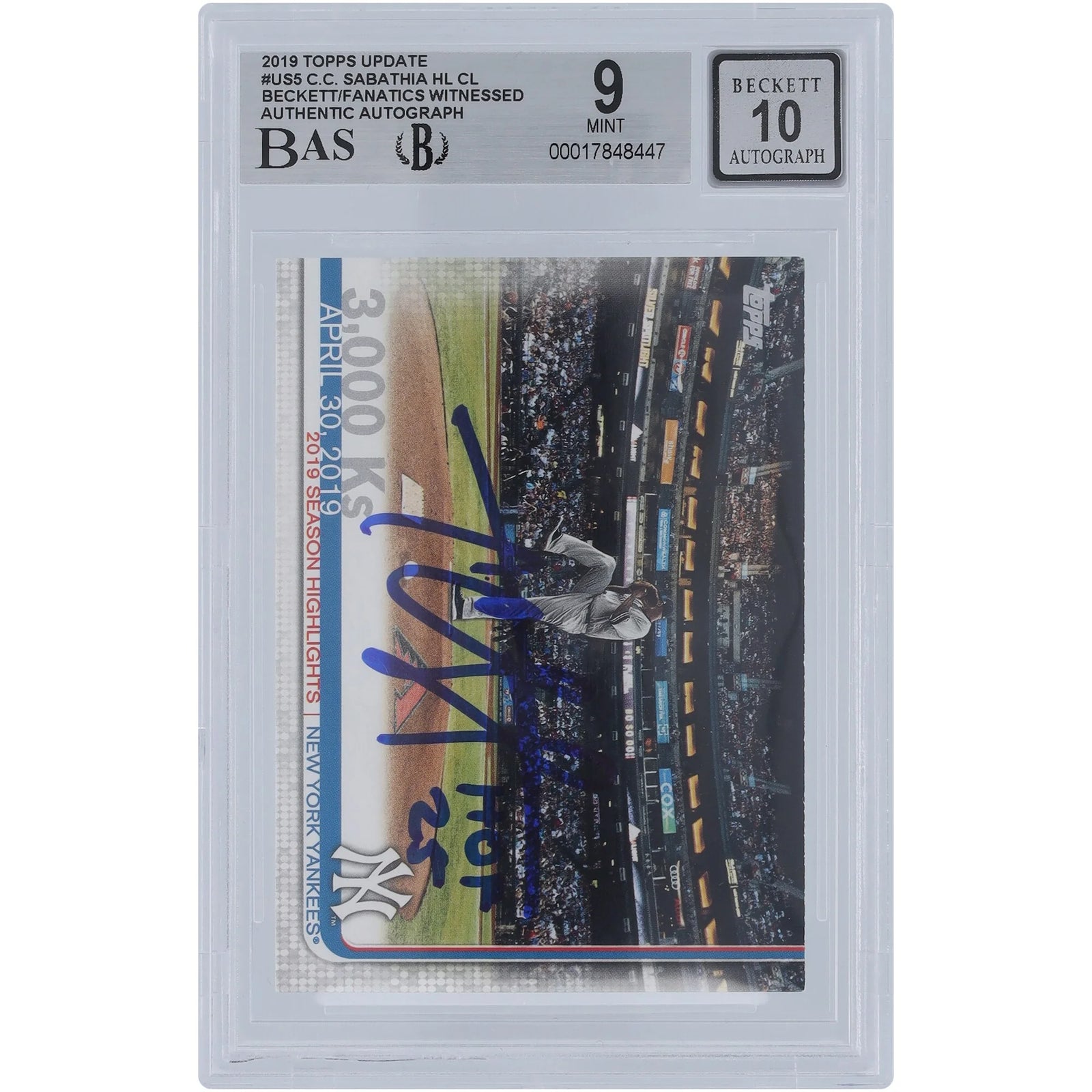 CC Sabathia Signed 2019 Topps Update #US5 Card | Graded 9