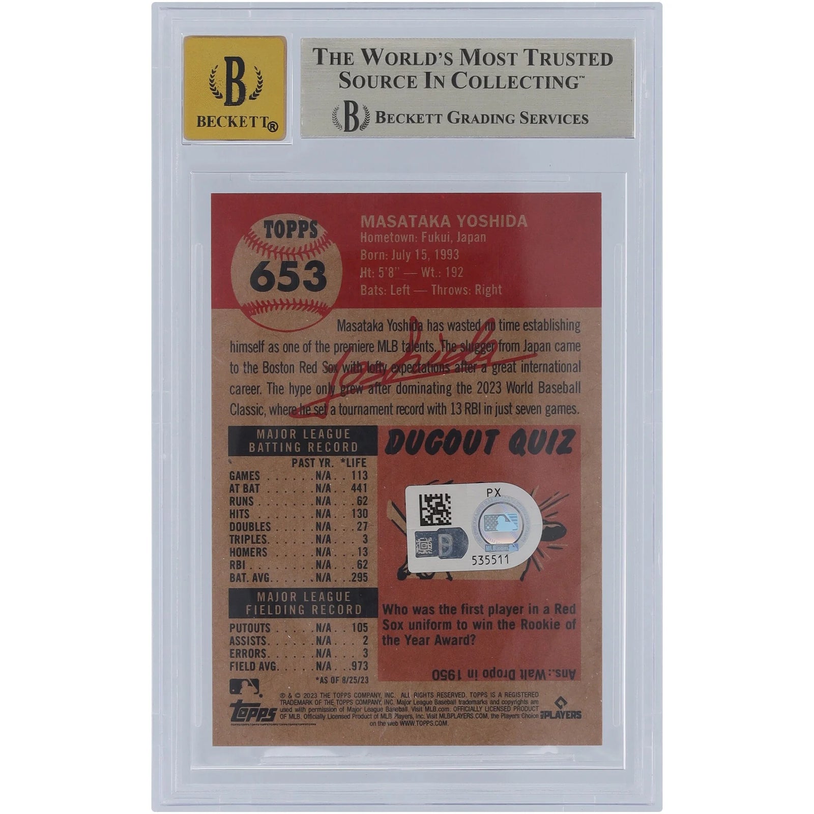 Masataka Yoshida Signed 2023 Topps Living Kanji Rookie Card #653 | Beckett 9.5