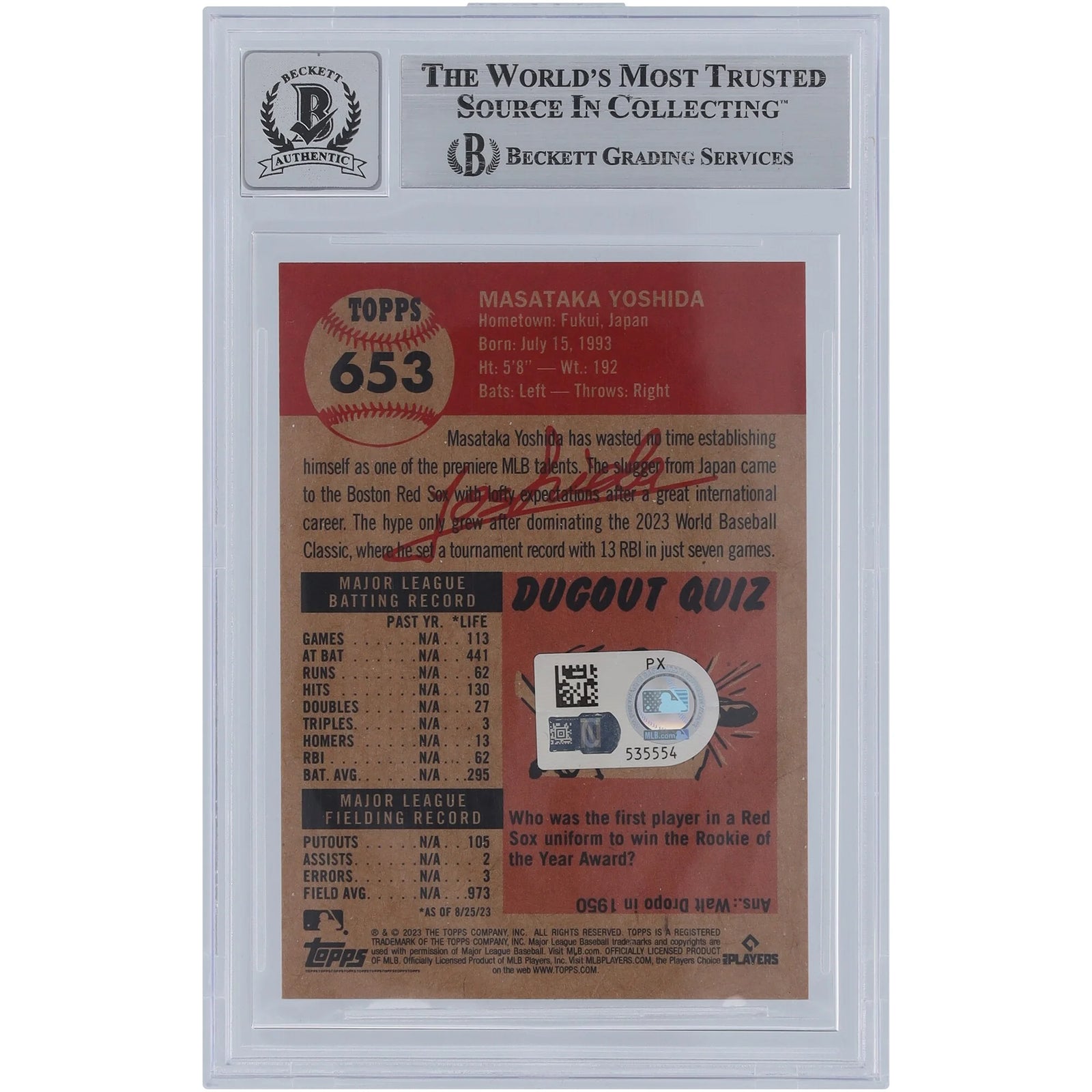 Masataka Yoshida Signed 2023 Topps Living #653 Rookie Card | Beckett Authenticated 9