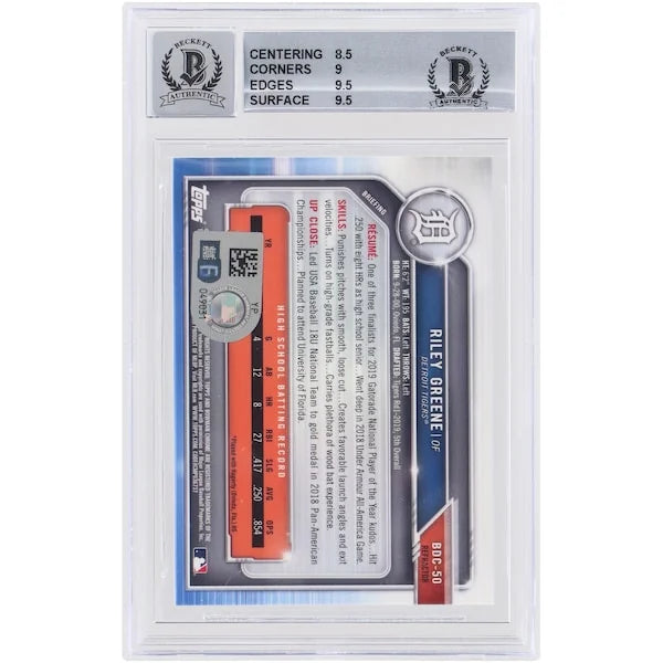 Riley Greene Signed 2019 Bowman Chrome Refractor #BDC-50 | BGS 9