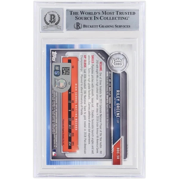 Riley Greene Signed 2019 Bowman Draft Chrome #BDC-50 | BGS 10