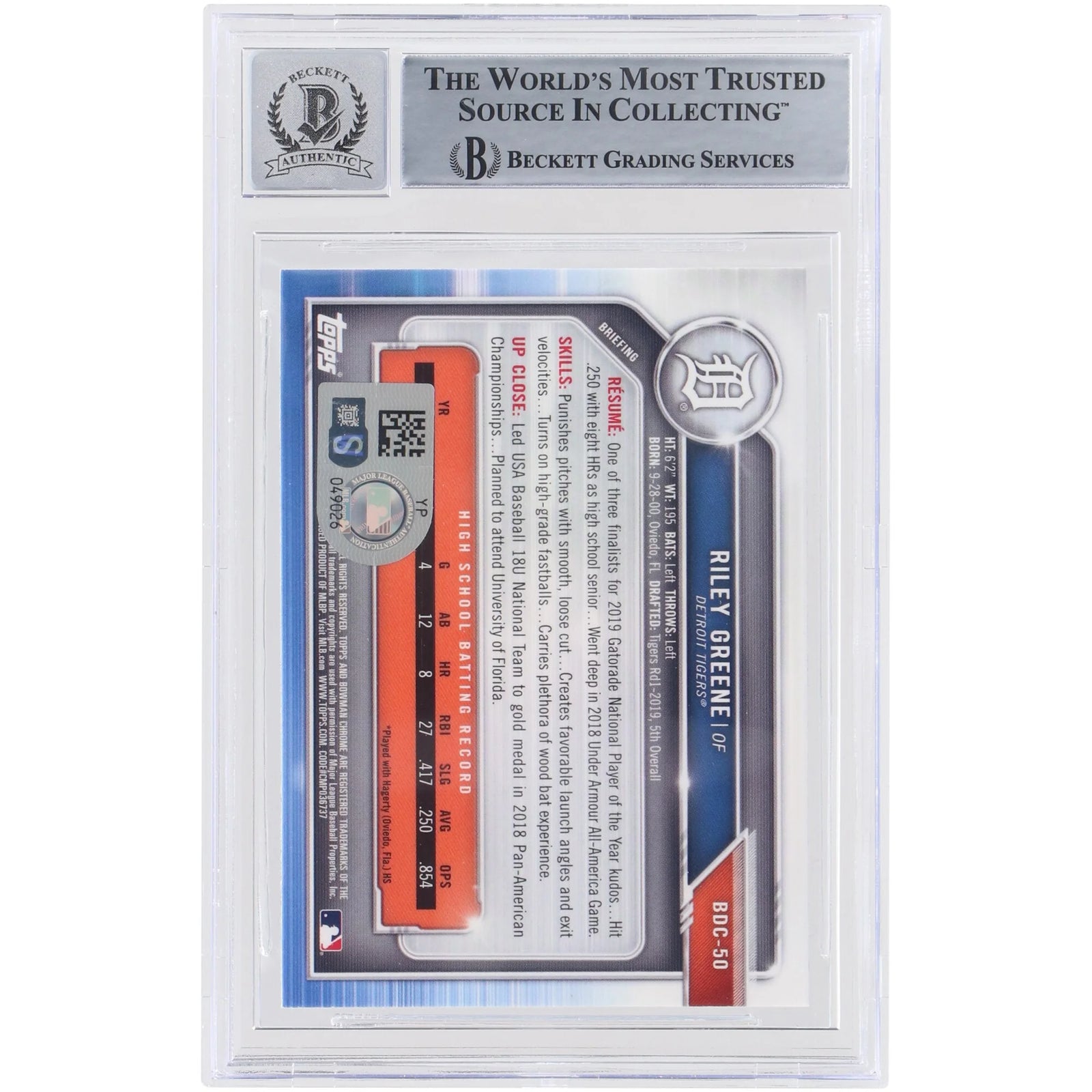 Riley Greene Signed 2019 Bowman Draft Chrome #BDC-50 | BGS 10