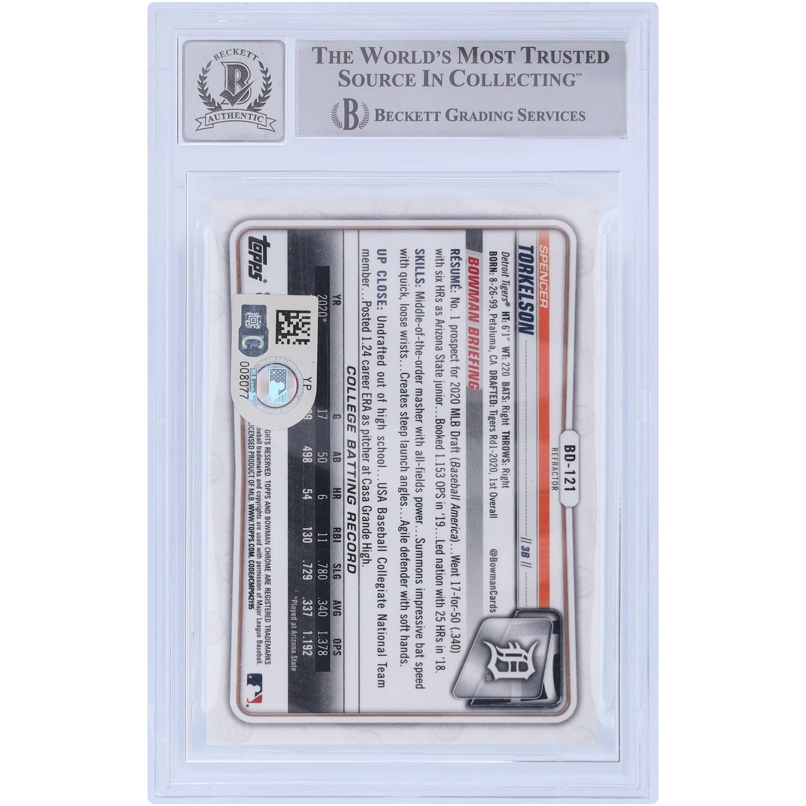 Spencer Torkelson Signed 2020 Bowman Draft Chrome Refractor #BD-121 | BGS 10