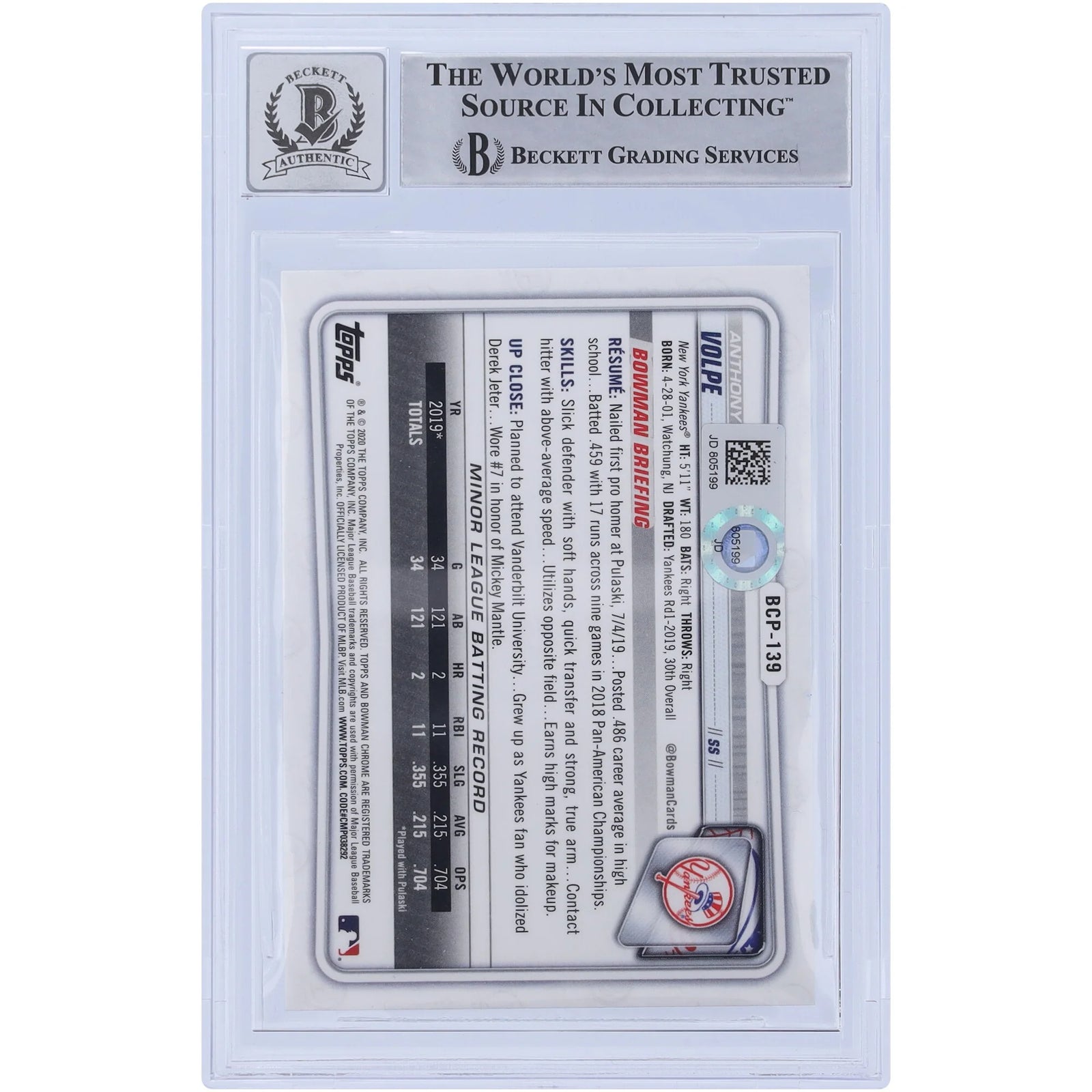 Anthony Volpe Signed 2020 Bowman Chrome Prospects #BCP-139 | BGS 10