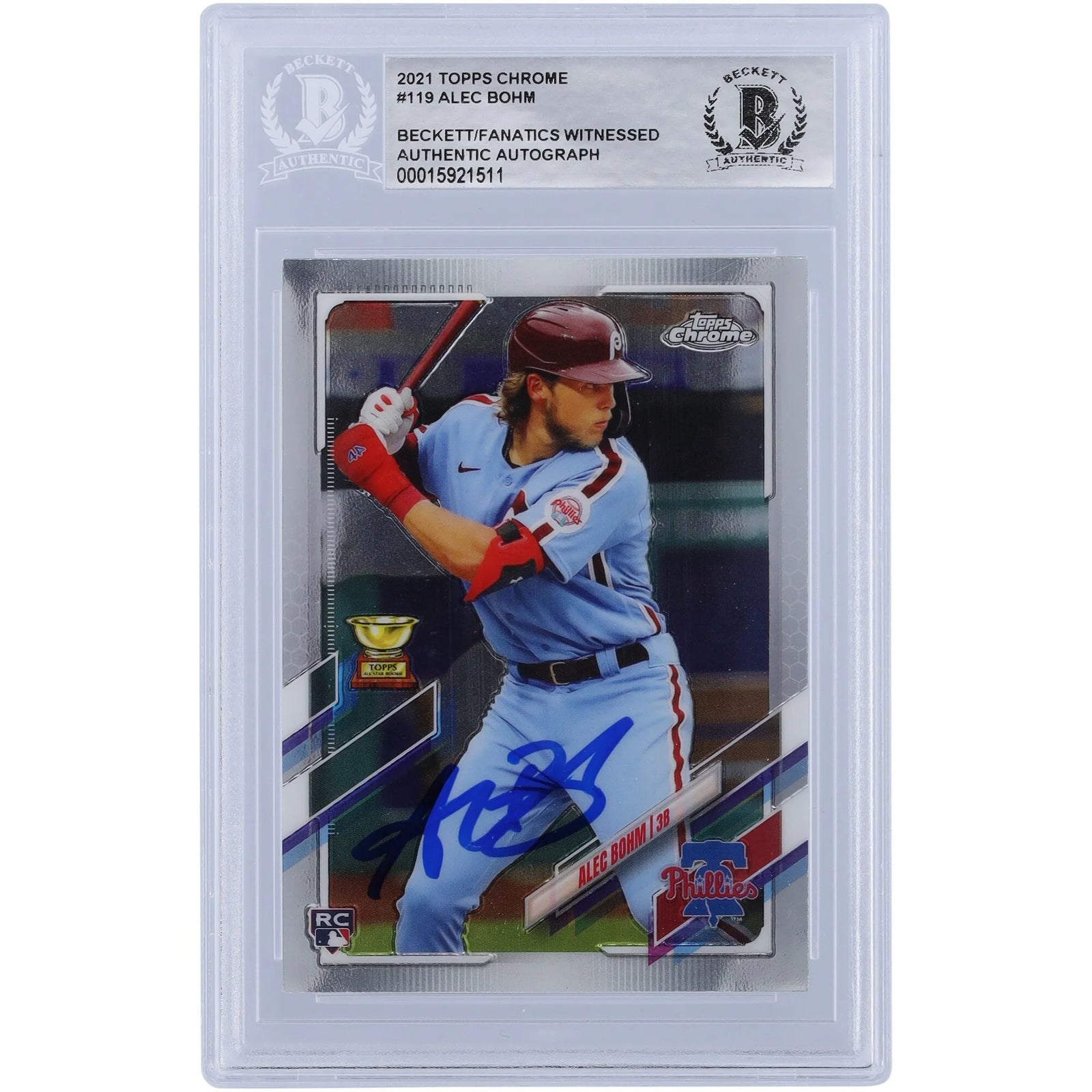 Alec Bohm Philadelphia Phillies Autographed 2021 Topps Chrome #119 Beckett Fanatics Witnessed Authenticated Rookie Card - F2