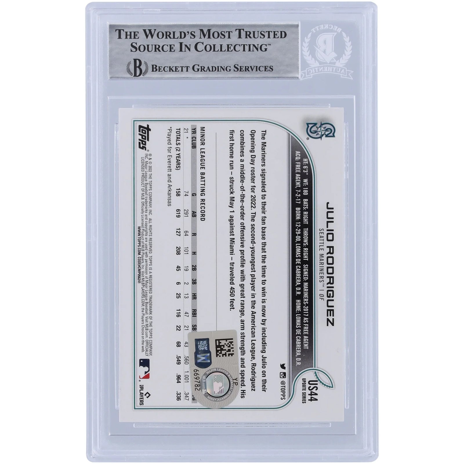Julio Rodriguez Seattle Mariners Autographed 2022 Topps Update #US44 Beckett Fanatics Witnessed Authenticated Rookie Card - F2