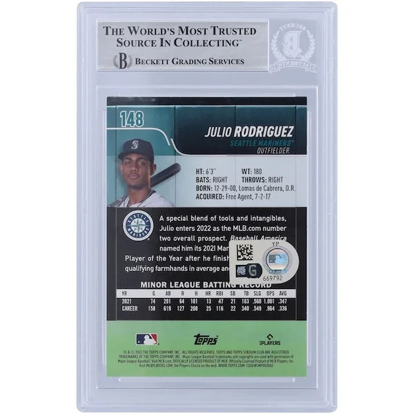 Julio Rodriguez Signed 2022 Topps Stadium Club #148 | Beckett Authenticated Rookie Card