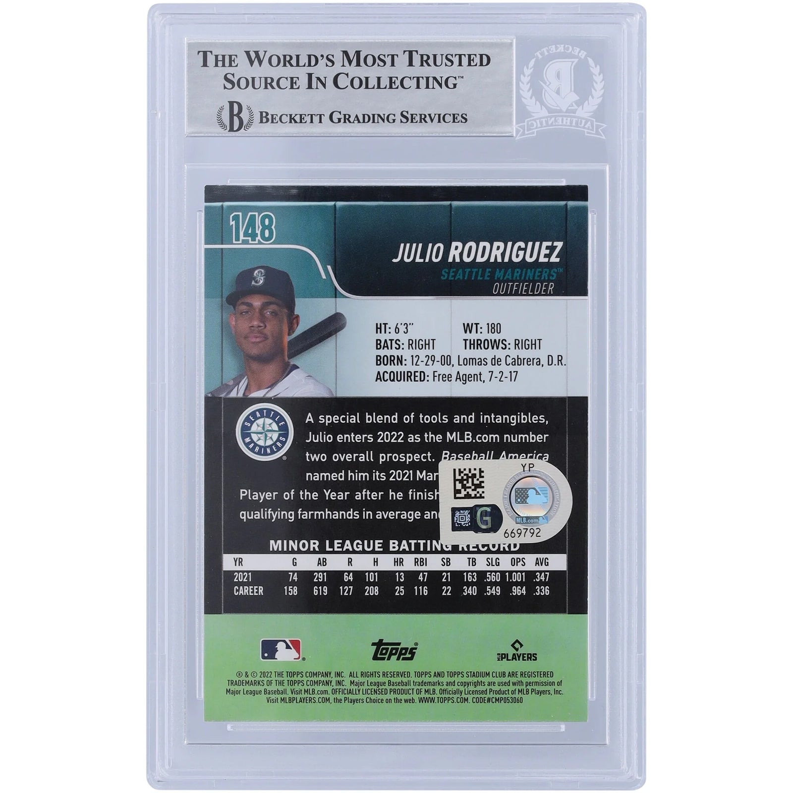 Julio Rodriguez Signed 2022 Topps Stadium Club #148 | Beckett Authenticated Rookie Card