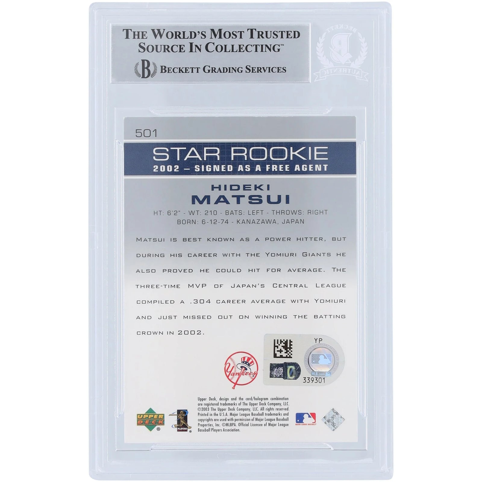 Hideki Matsui Signed 2003 Upper Deck Series 2 #501 Rookie Card | Beckett Authenticated