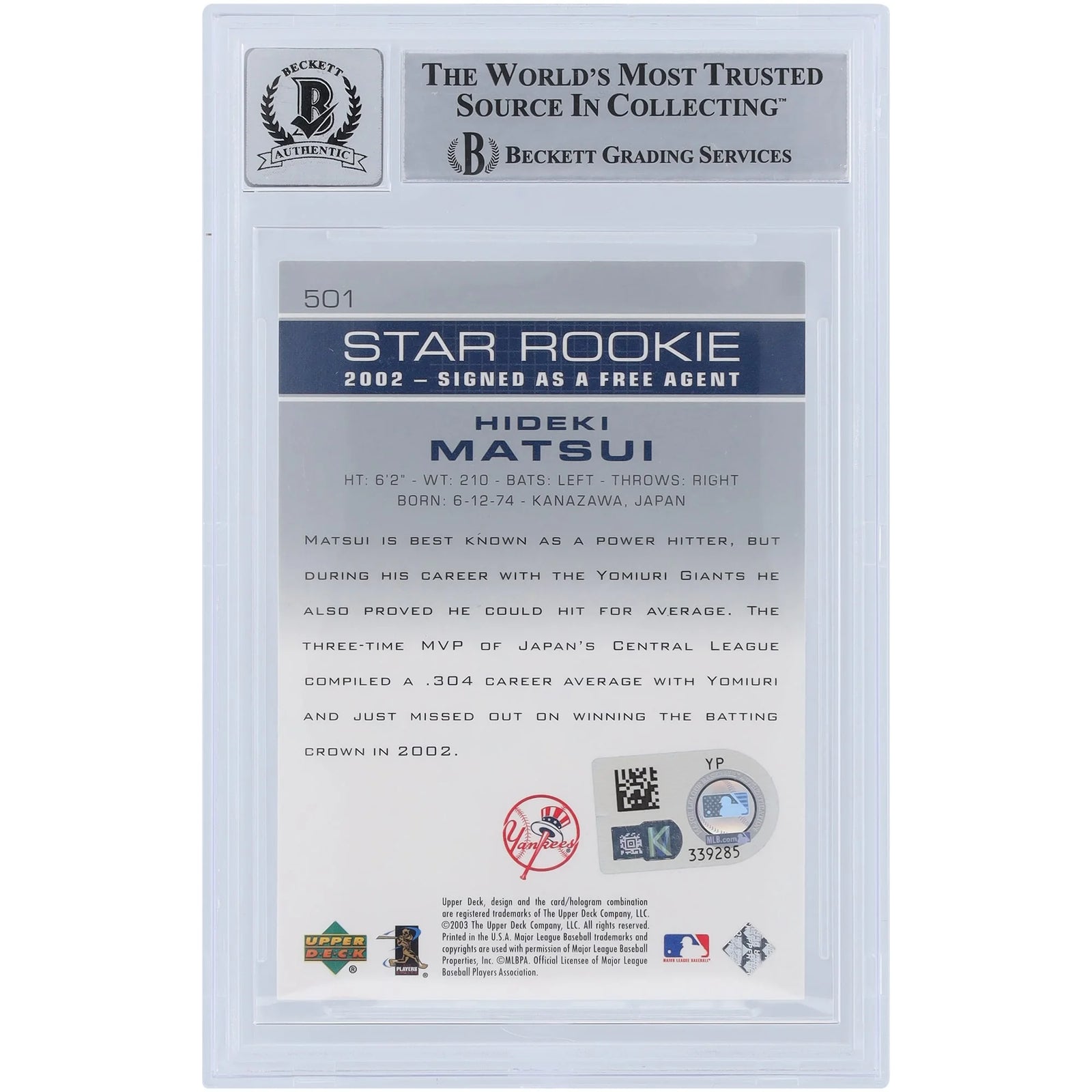 Hideki Matsui Signed 2003 Upper Deck Series 2 #501 Rookie Card | Graded 10