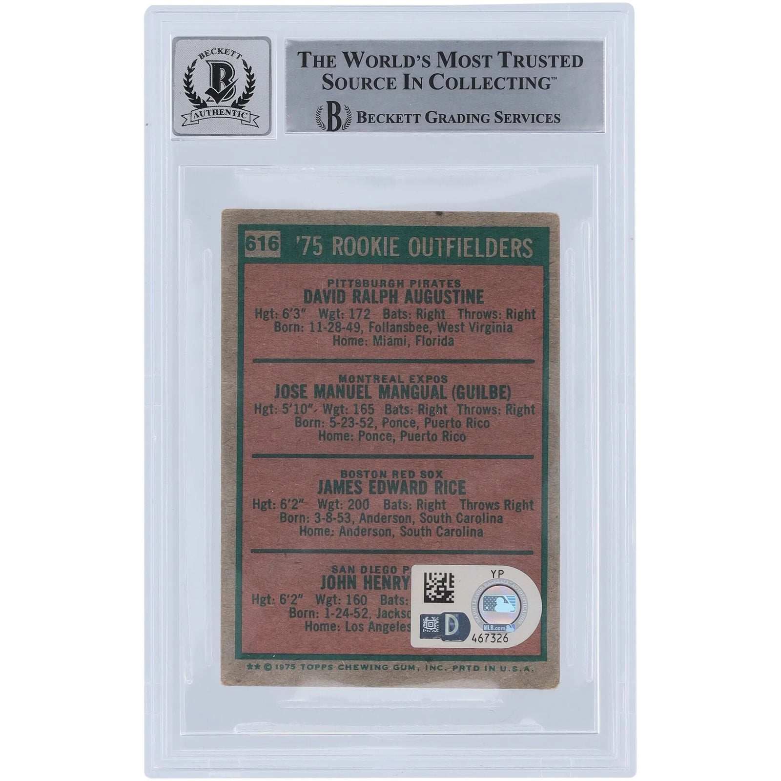 Jim Rice Signed 1975 Topps #616 Rookie Card | Graded 10 with HOF 09 Inscription