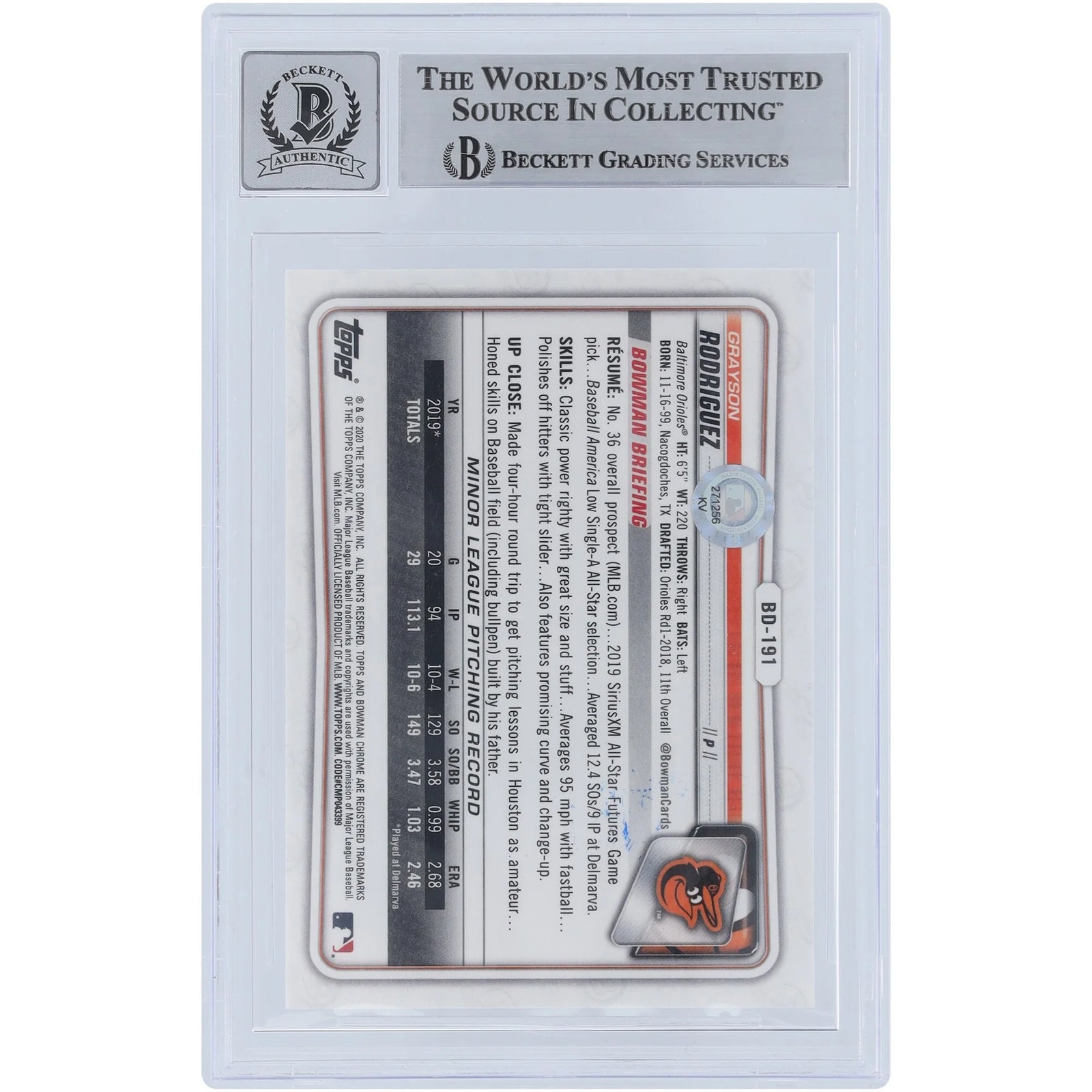 Grayson Rodriguez Signed 2020 Bowman Chrome Draft Sapphire #BD-191 | Beckett Authenticated