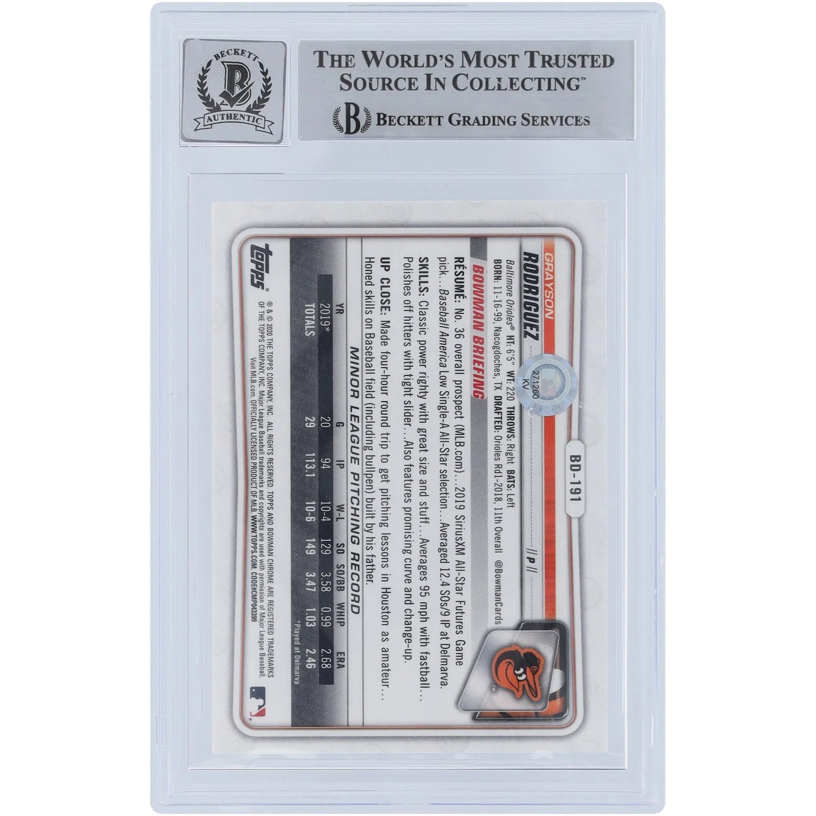 Grayson Rodriguez Signed 2020 Bowman Chrome Draft Sapphire #BD-191 | Beckett Authenticated