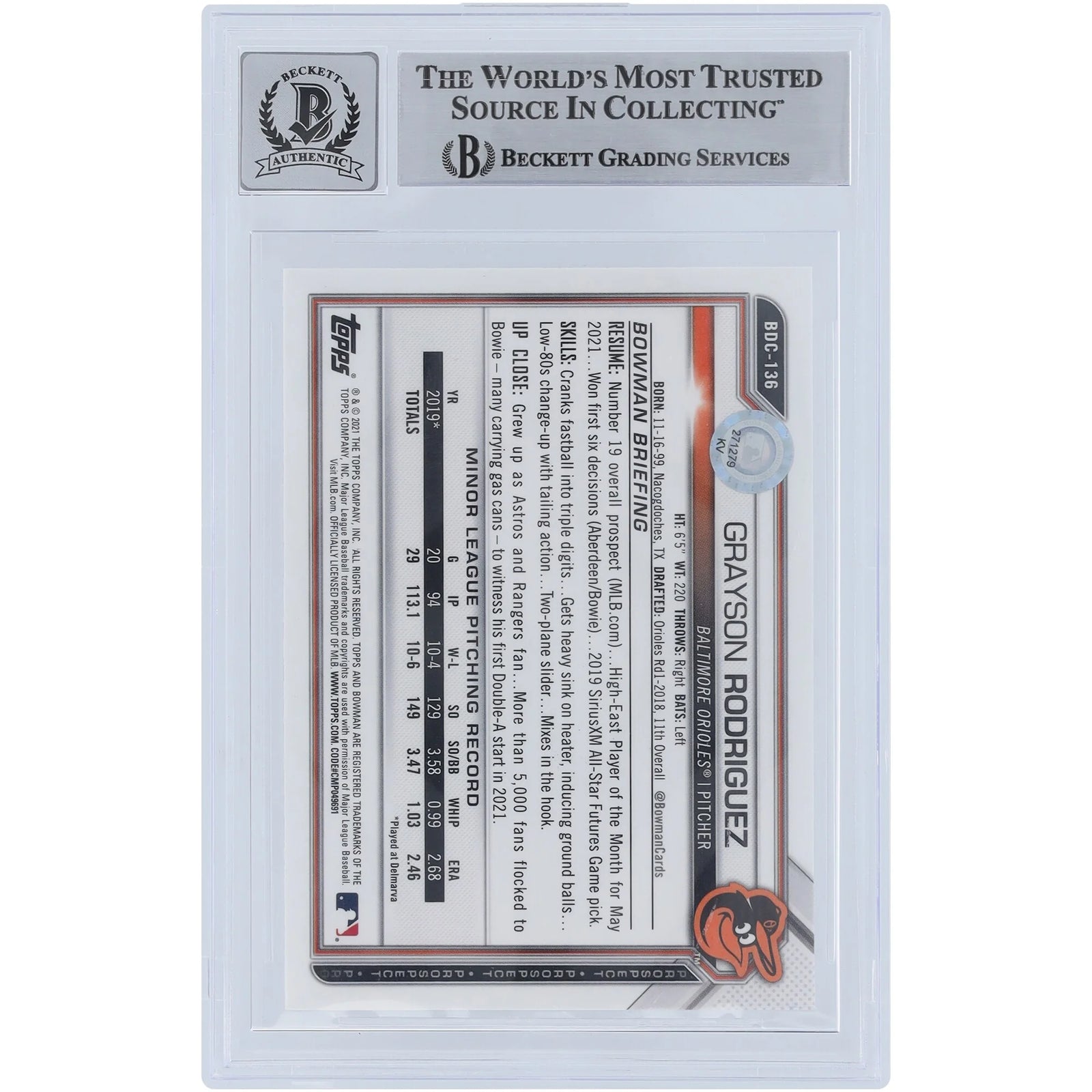Grayson Rodriguez Signed 2021 Bowman Chrome Draft Sapphire #BDC-136 | Beckett Authenticate