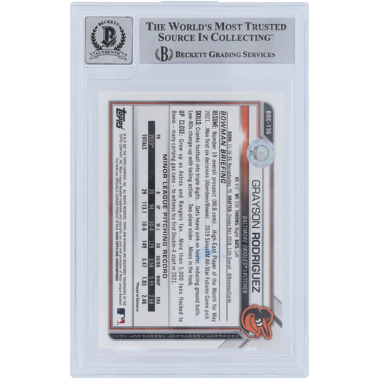 Grayson Rodriguez Signed 2021 Bowman Chrome Draft Sapphire Card | Beckett Authenticated
