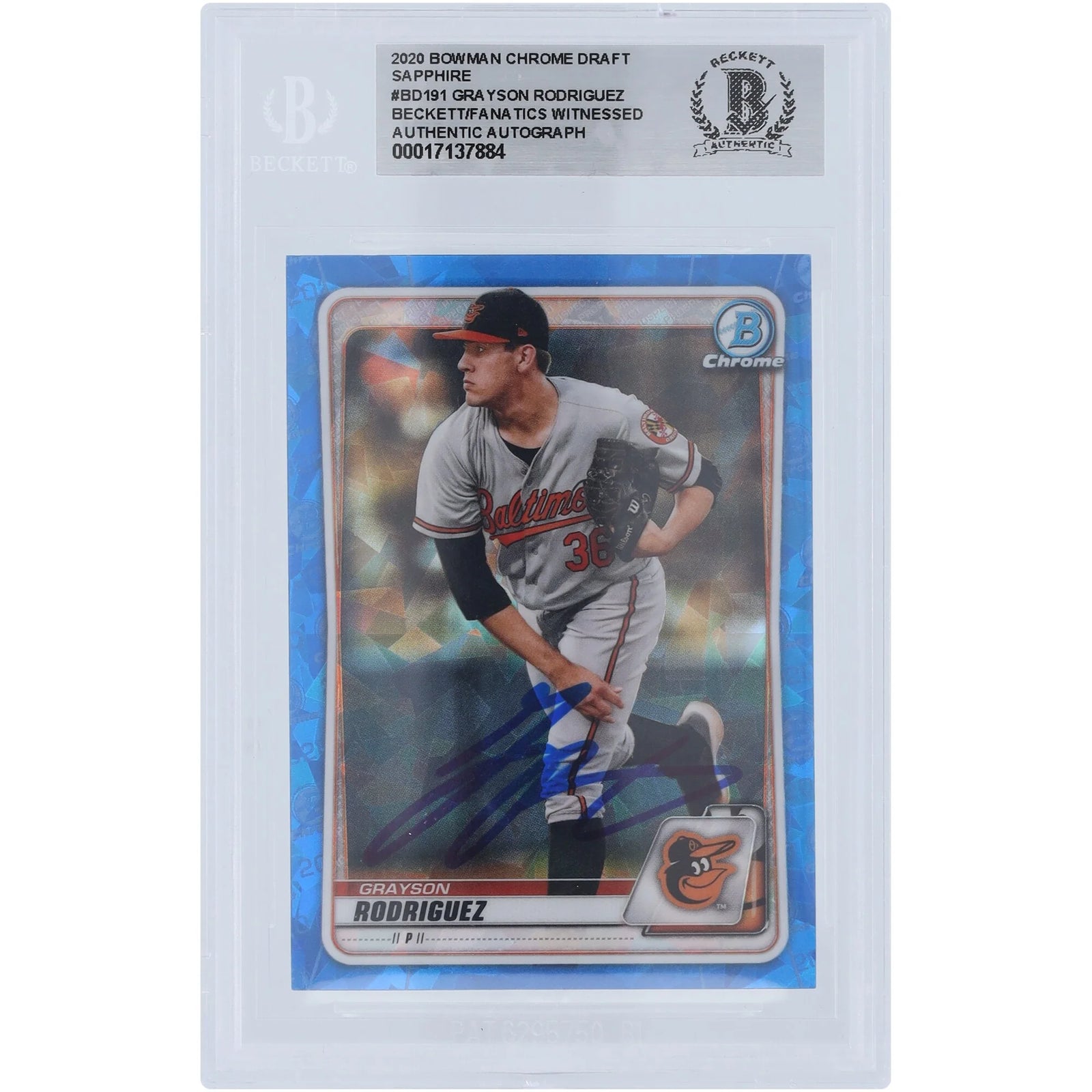 Grayson Rodriguez Baltimore Orioles Autographed 2020 Bowman Chrome Draft Sapphire #BD-191 Beckett Fanatics Witnessed Authenticated Card - F3