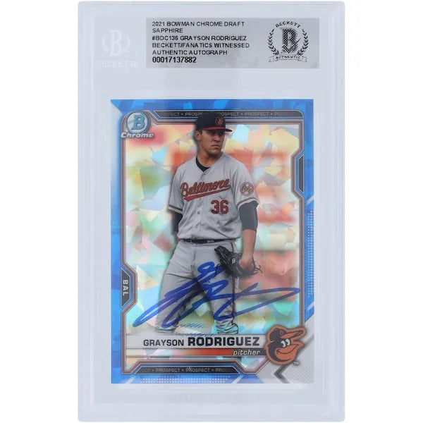 Grayson Rodriguez Baltimore Orioles Autographed 2021 Bowman Chrome Draft Sapphire #BDC-136 Beckett Fanatics Witnessed Authenticated Card - F3